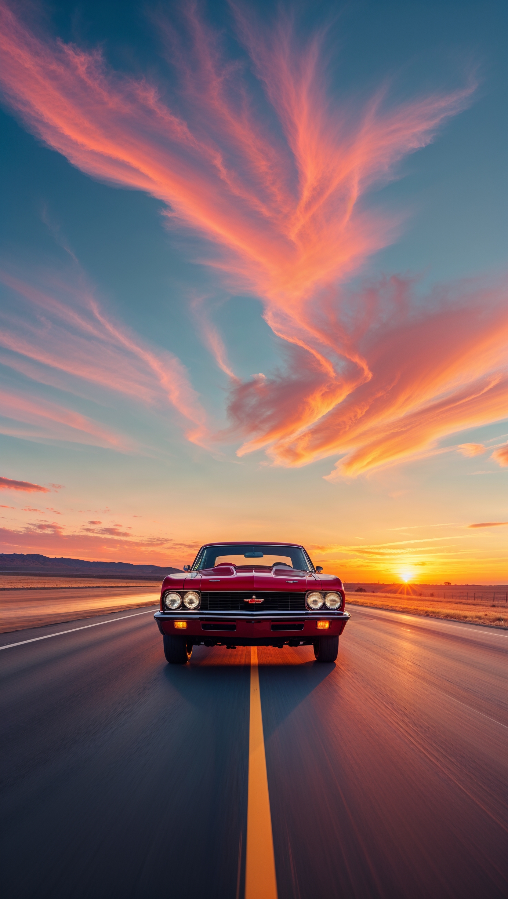 Epic sunset behind a Chevy on a long open highway, dramatic colors, iPhone wallpaper