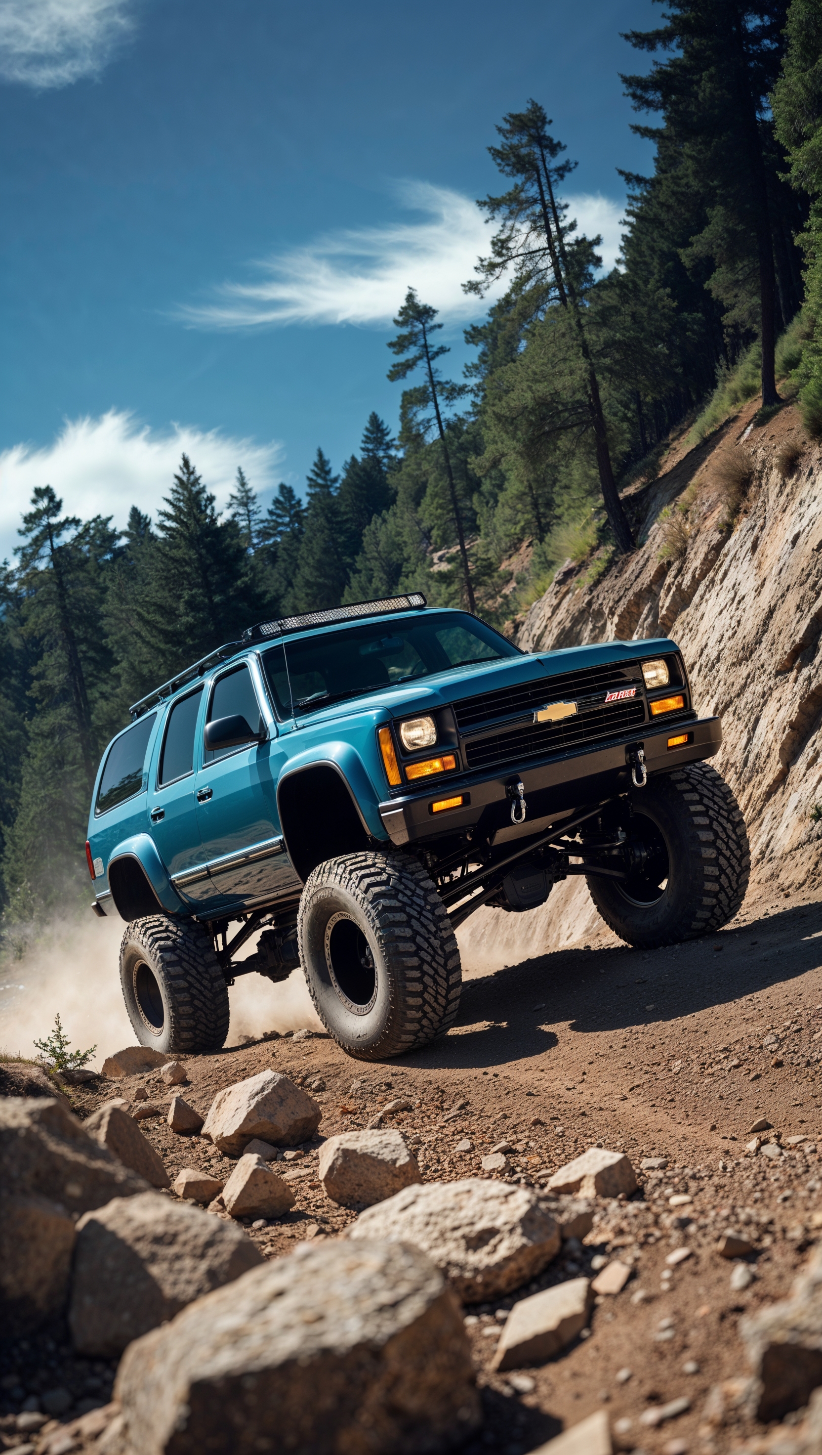 Off-road Chevy Blazer climbing a rocky hill, adventure scene, iPhone wallpaper