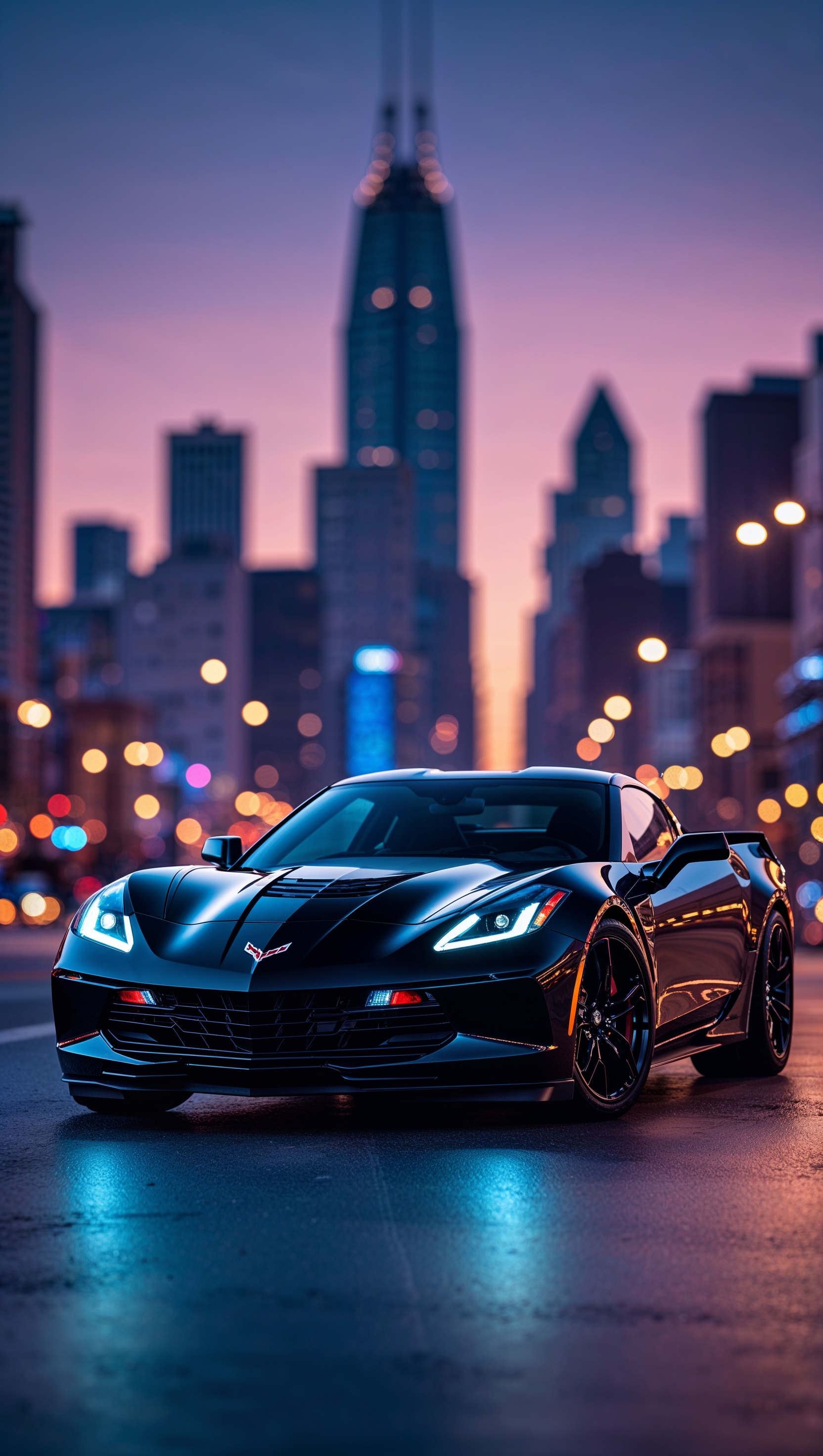 Black Chevy Corvette in front of a city skyline at dusk, moody atmosphere, iPhone wallpaper