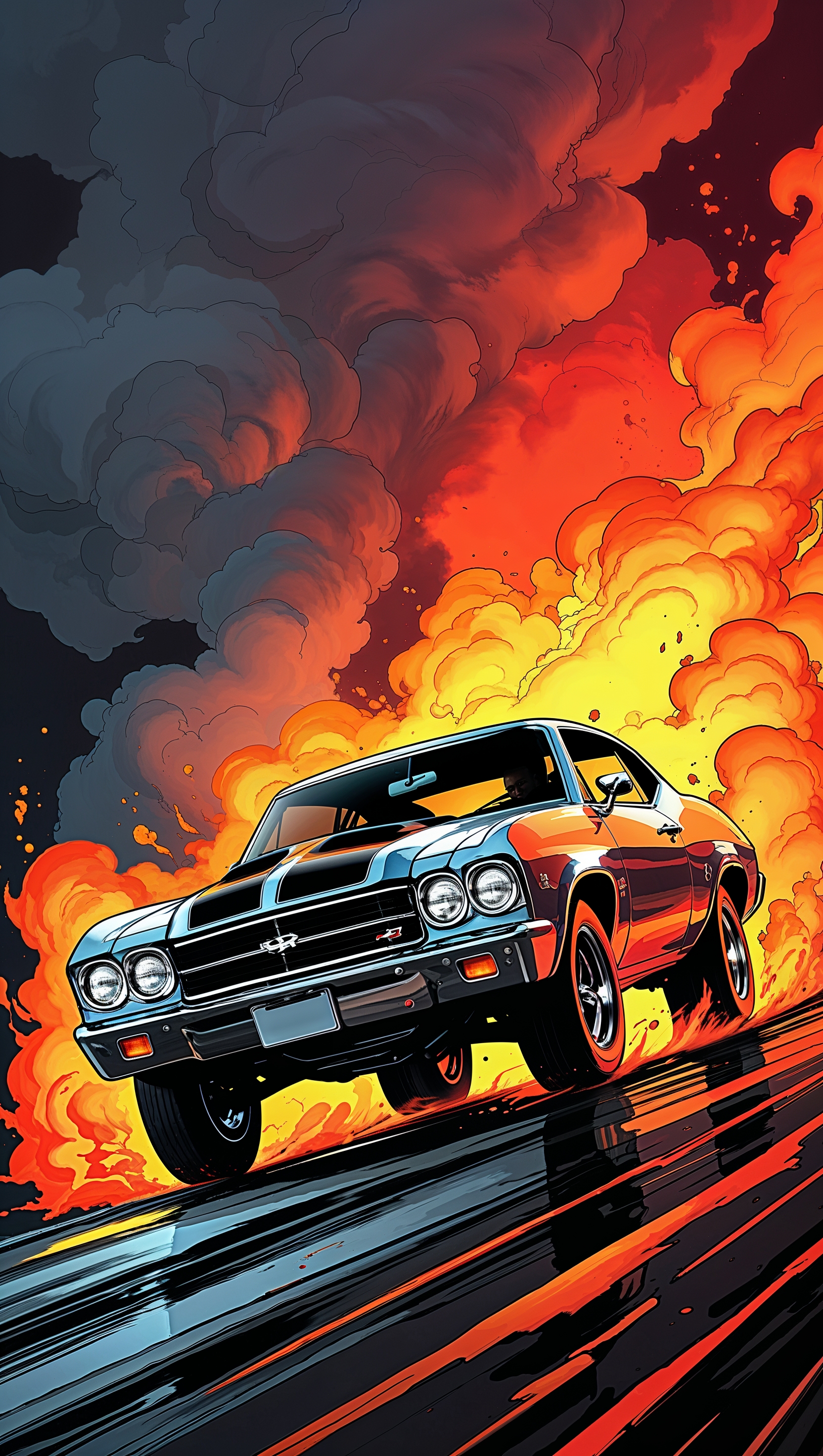 A Chevy muscle car bursting through flames, action-packed style, iPhone wallpaper