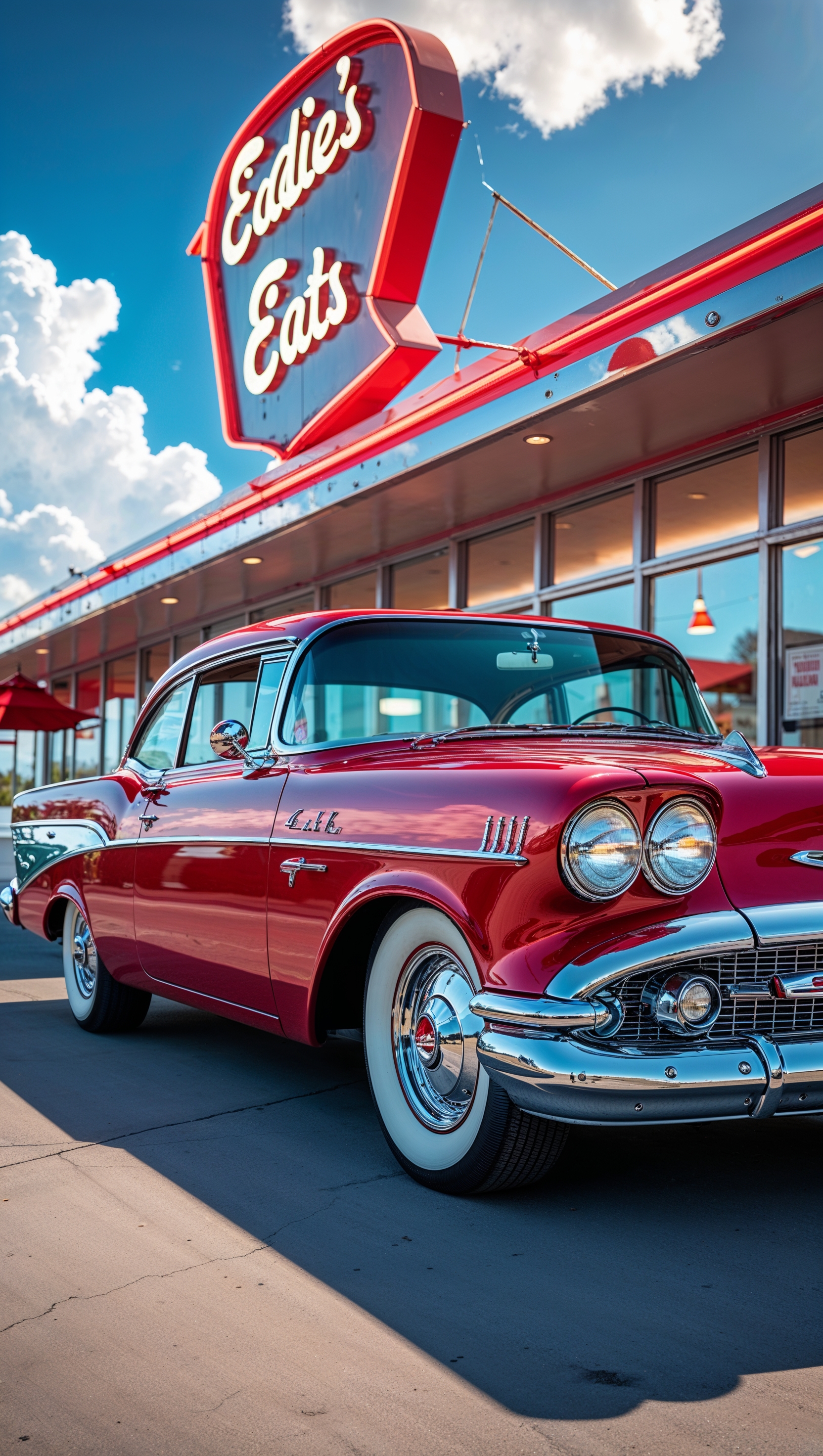Vintage Chevy Impala parked in front of a diner, 1950s vibe, iPhone wallpaper