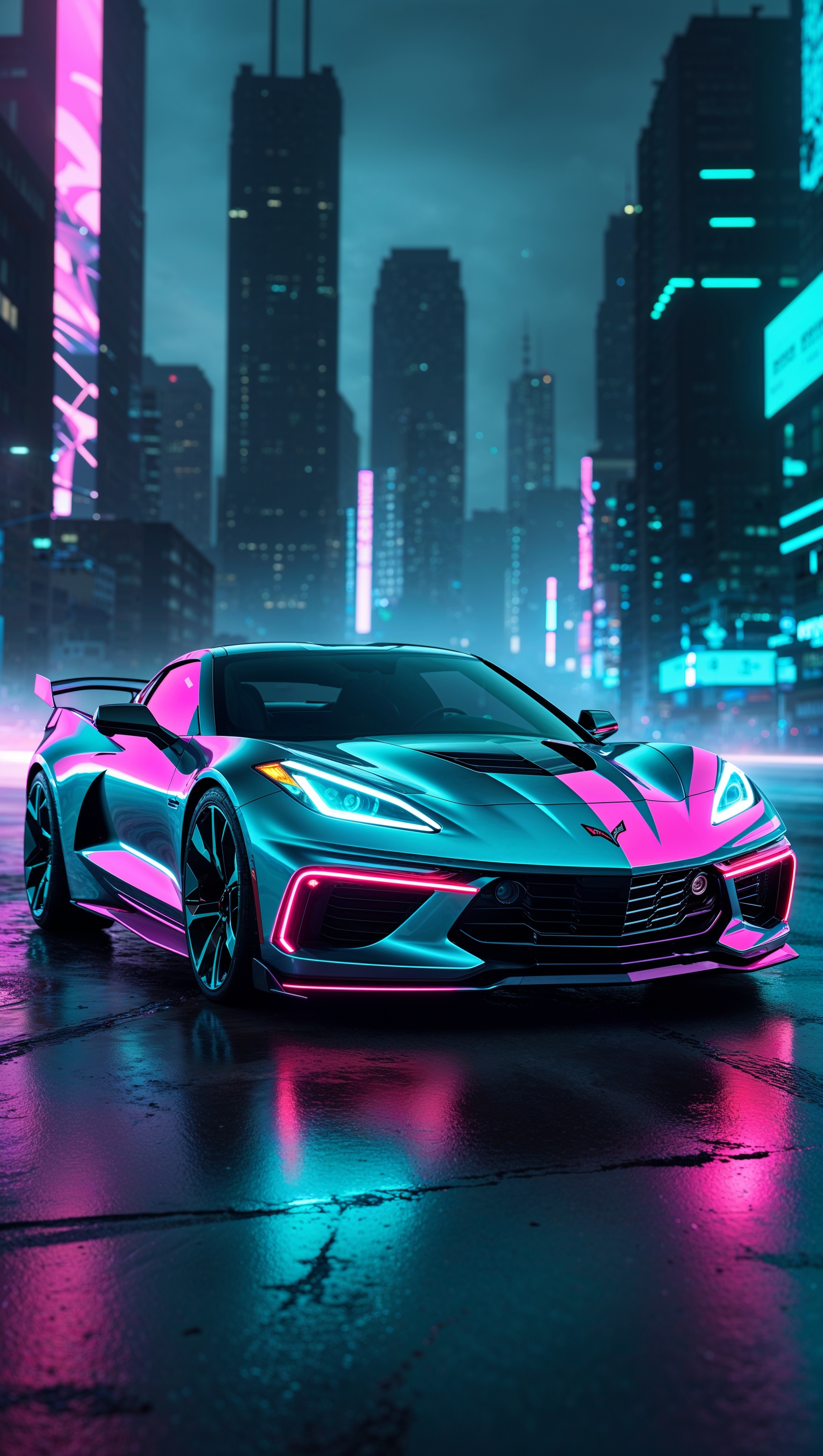 Futuristic Chevy Corvette glowing in neon lights at night, cyberpunk style, iPhone wallpaper