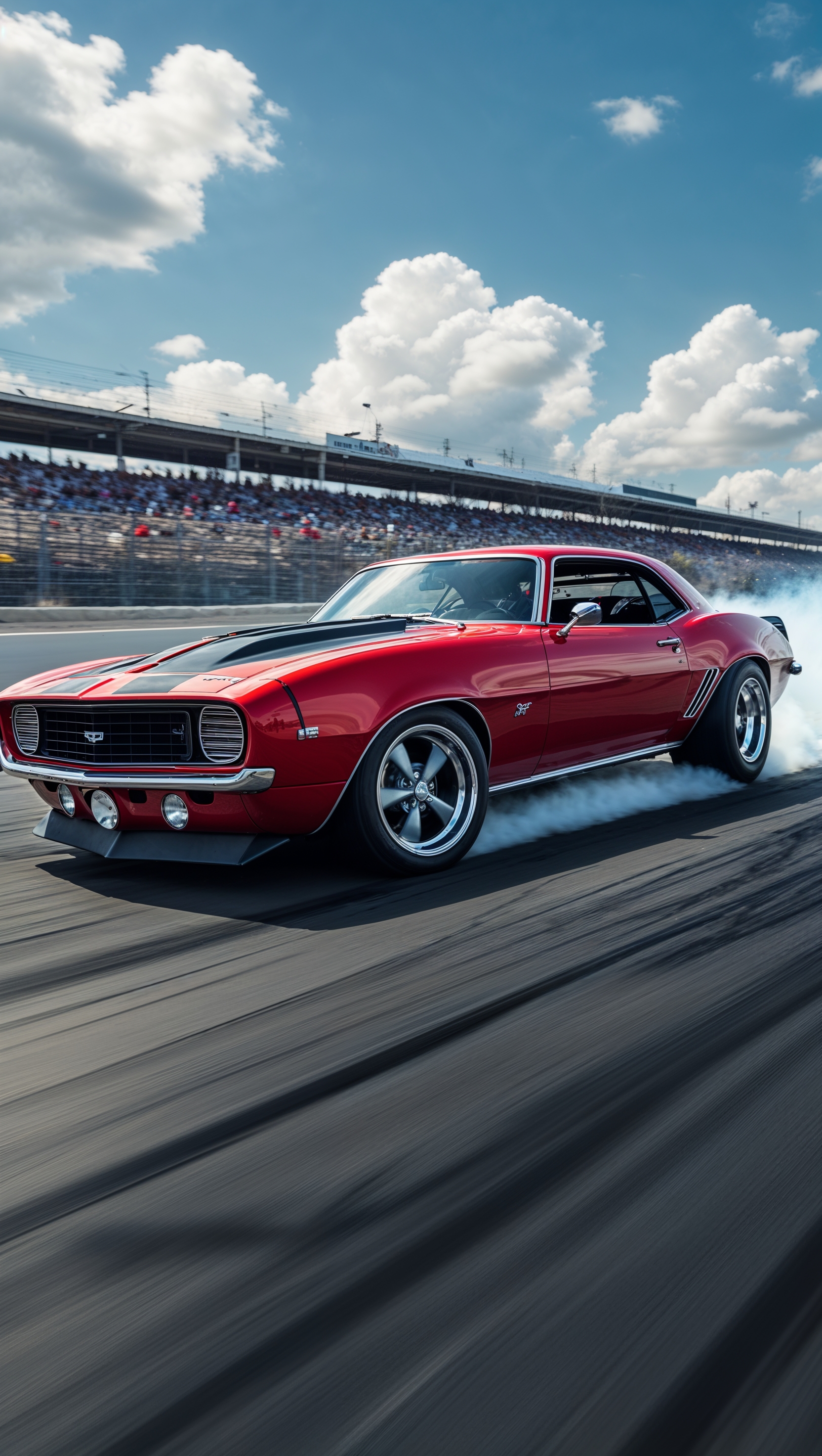 A Chevy muscle car drifting on a racetrack, motion blur effect, iPhone wallpaper