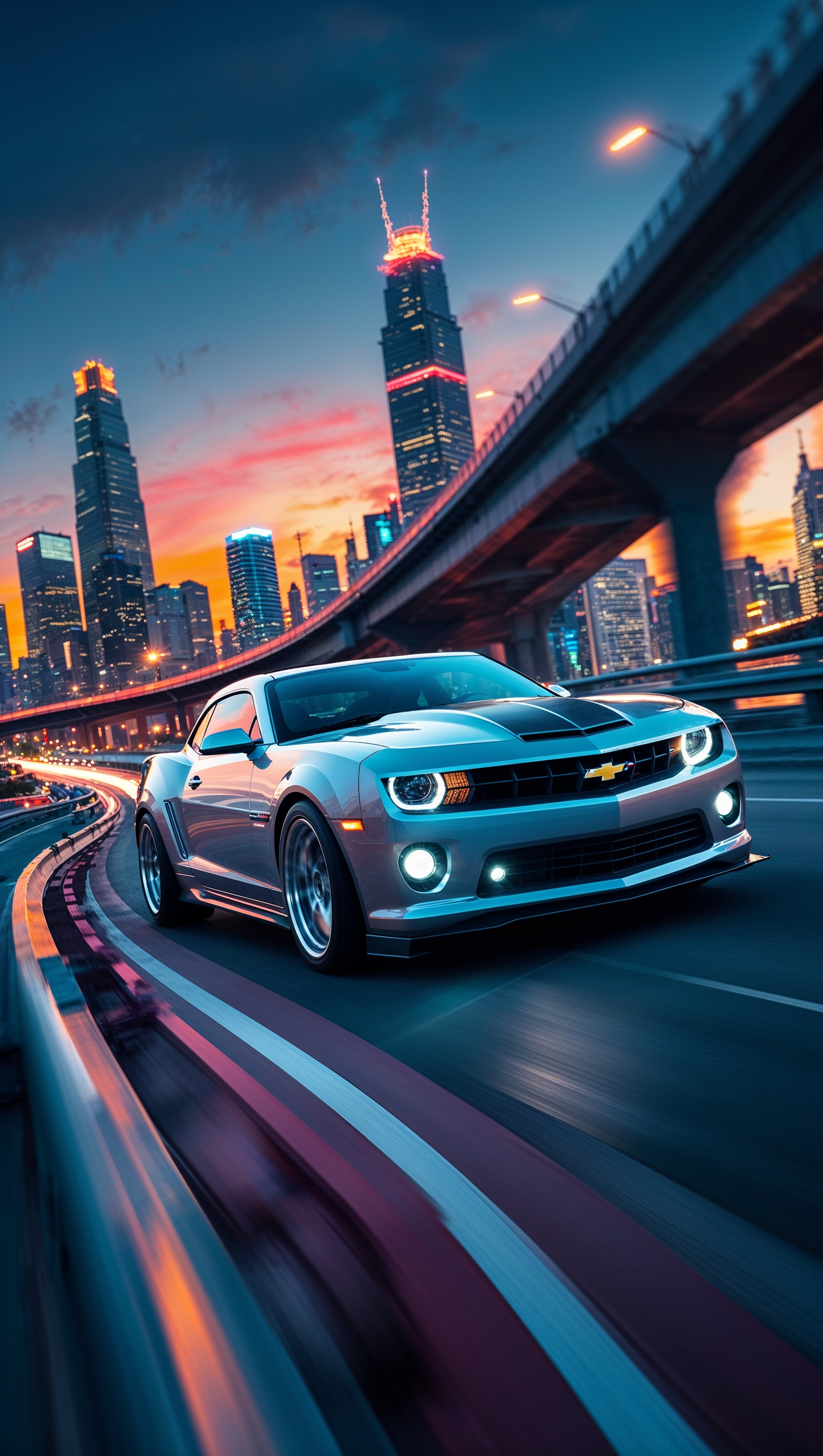 Chevy Camaro speeding on a bridge with city lights in the background, dynamic shot, iPhone wallpaper