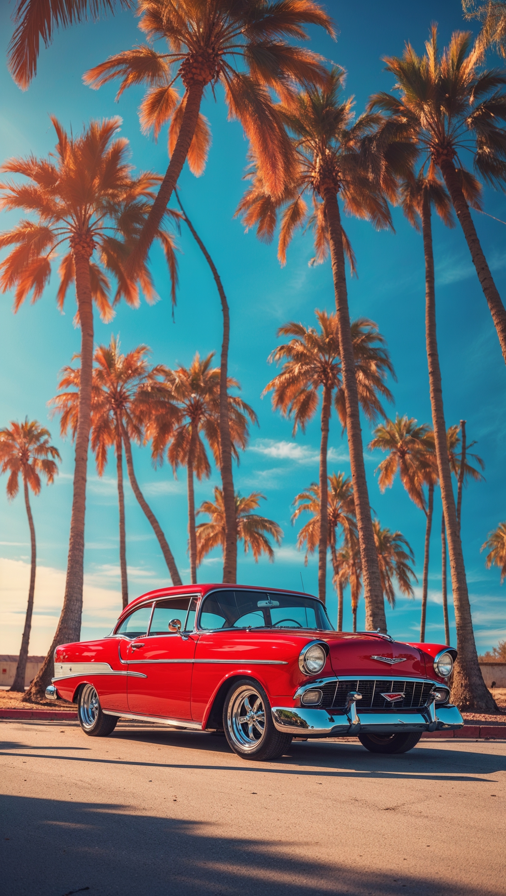 Chevy Bel Air from the 1950s parked under palm trees, retro filter, iPhone wallpaper
