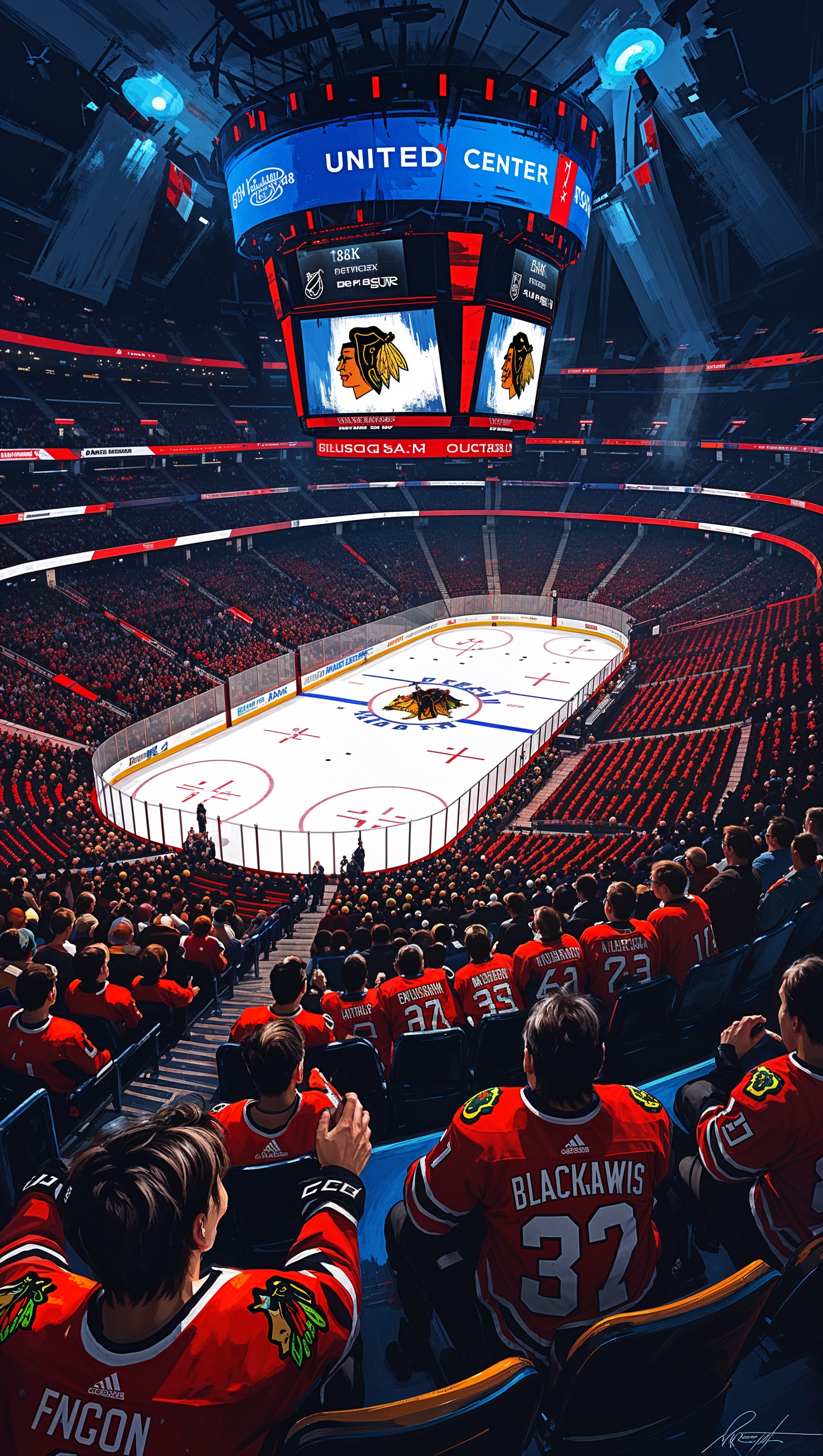 Digital painting of a game in the Blackhawks' home arena
