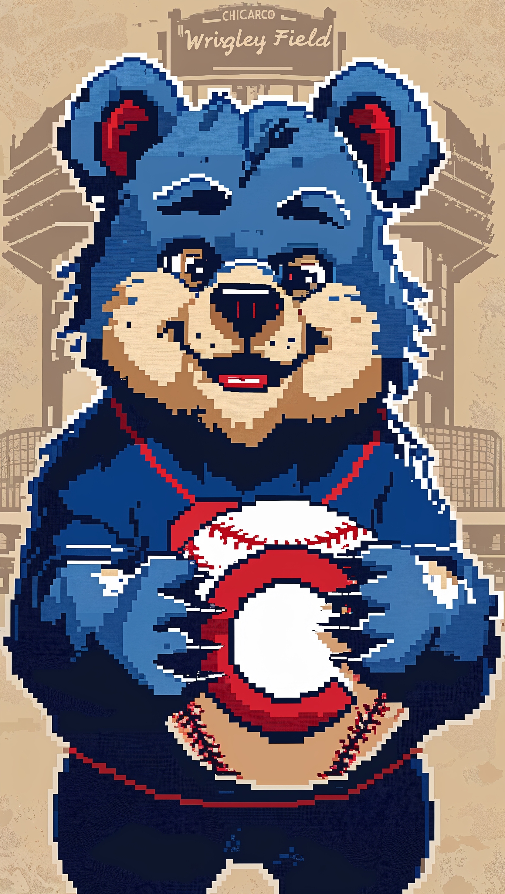 Pixel art of a bear and baseball in Chicago Cubs theme