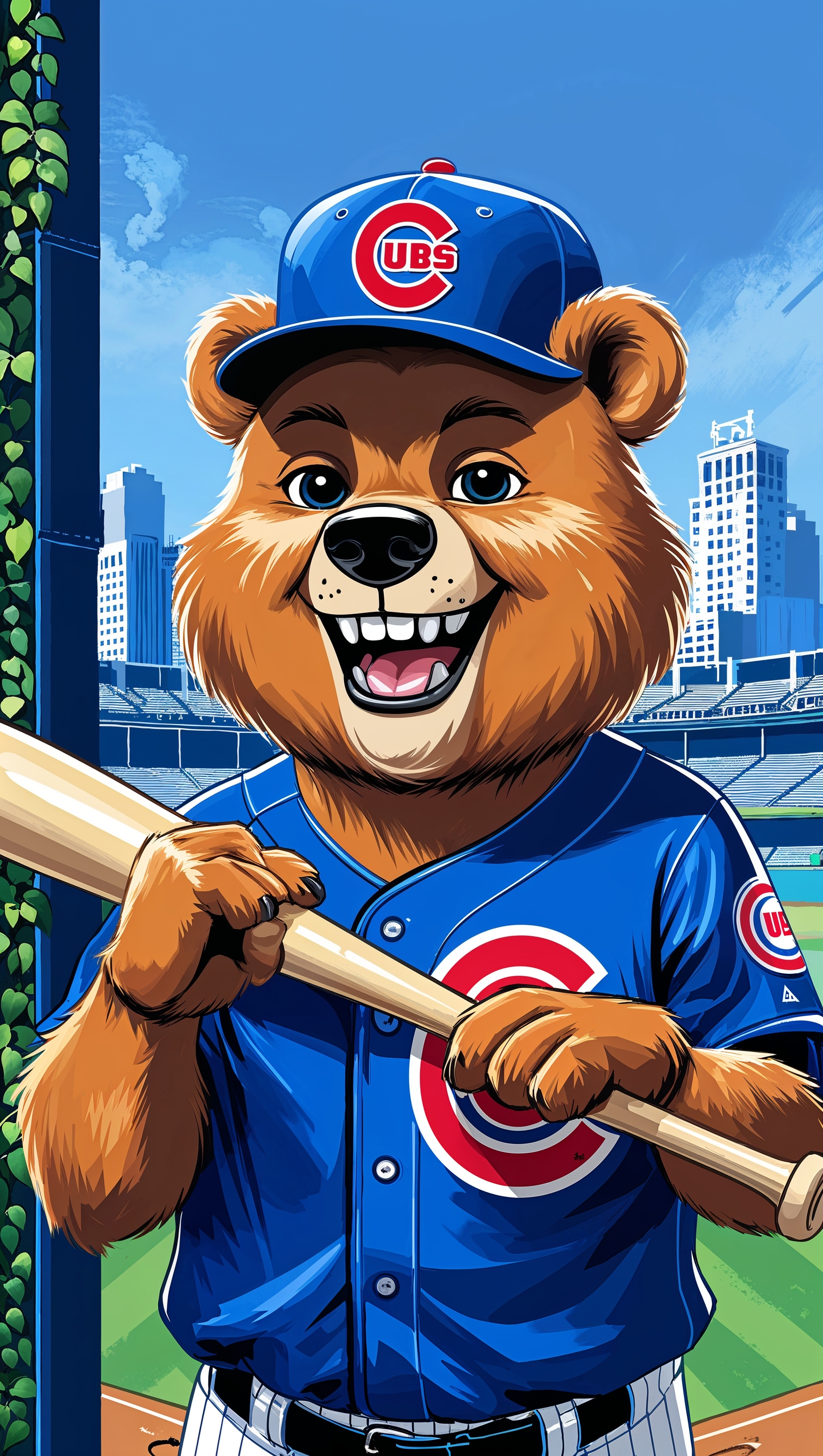 Cartoon-style Chicago Cubs bear in digital painting style for iPhone