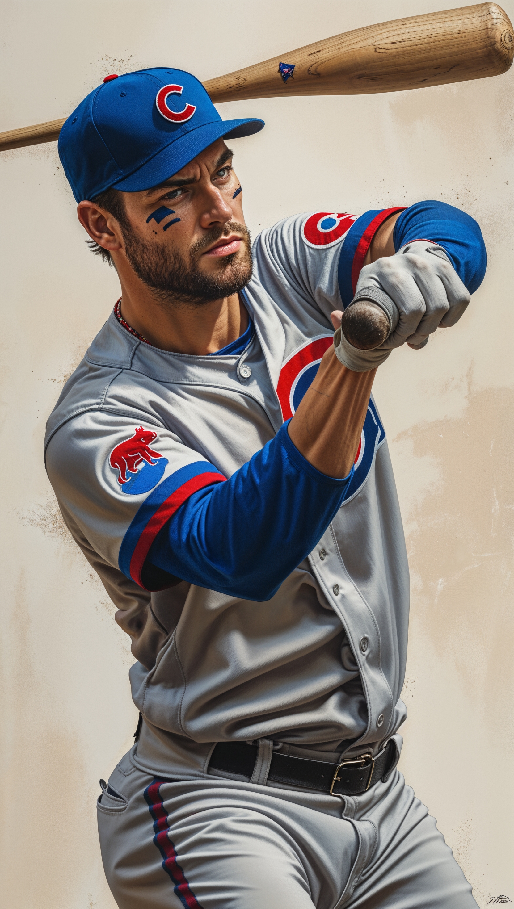 Baseball player swinging bat wearing a Chicago Cubs uniform