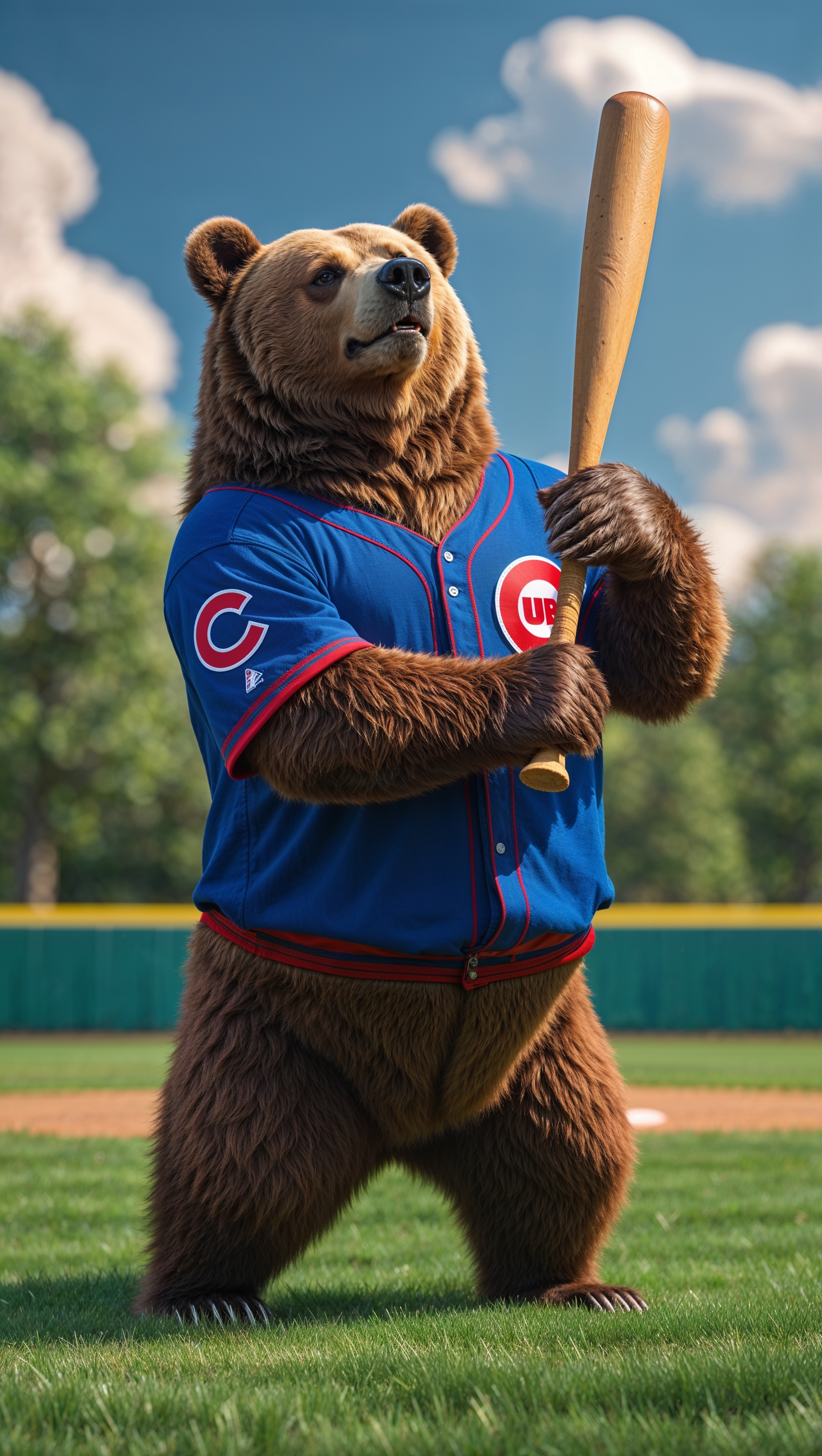 Realistic bear wearing Chicago Cubs jersey playing baseball