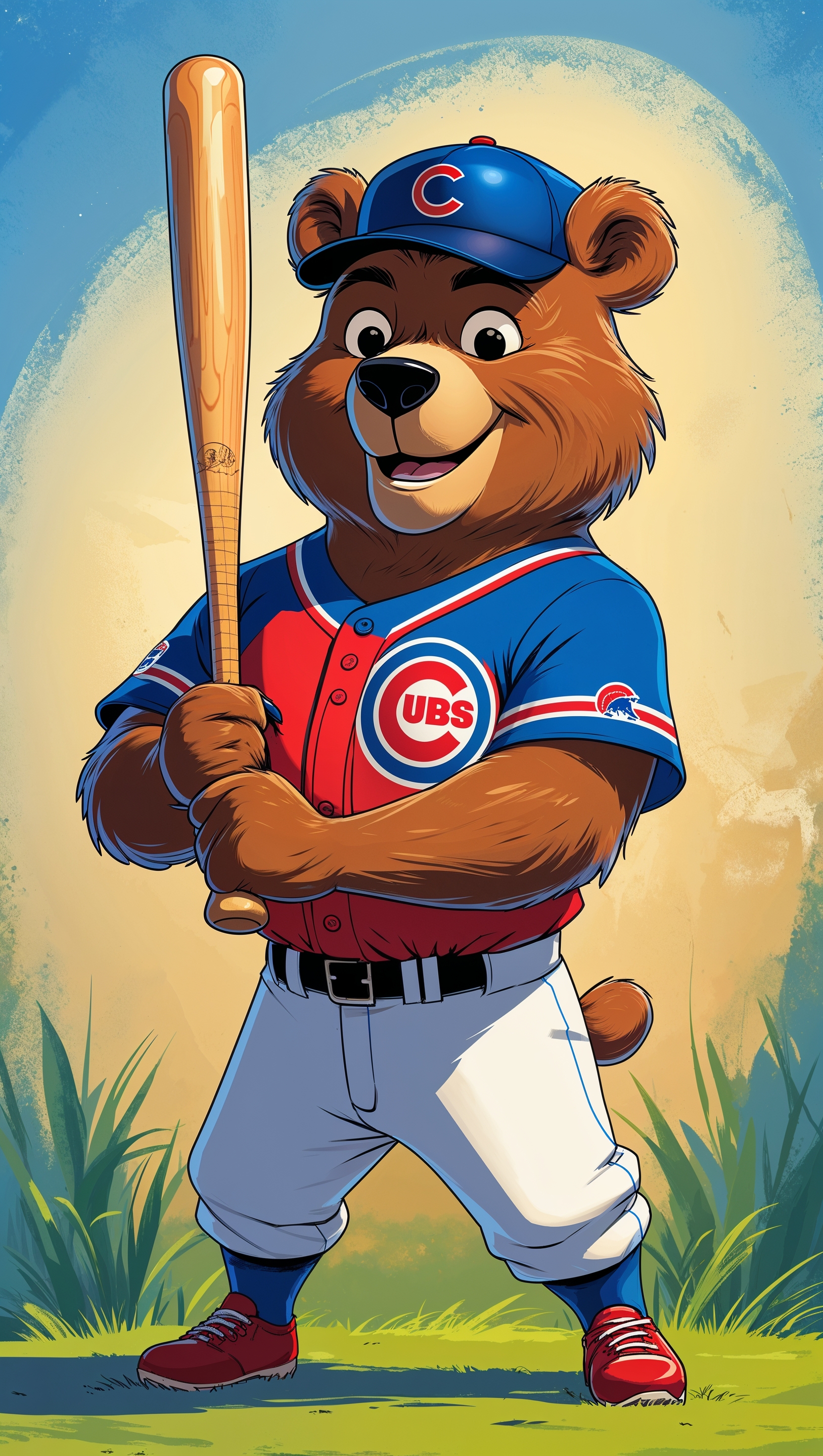 Animated bear with baseball bat in Cubs uniform