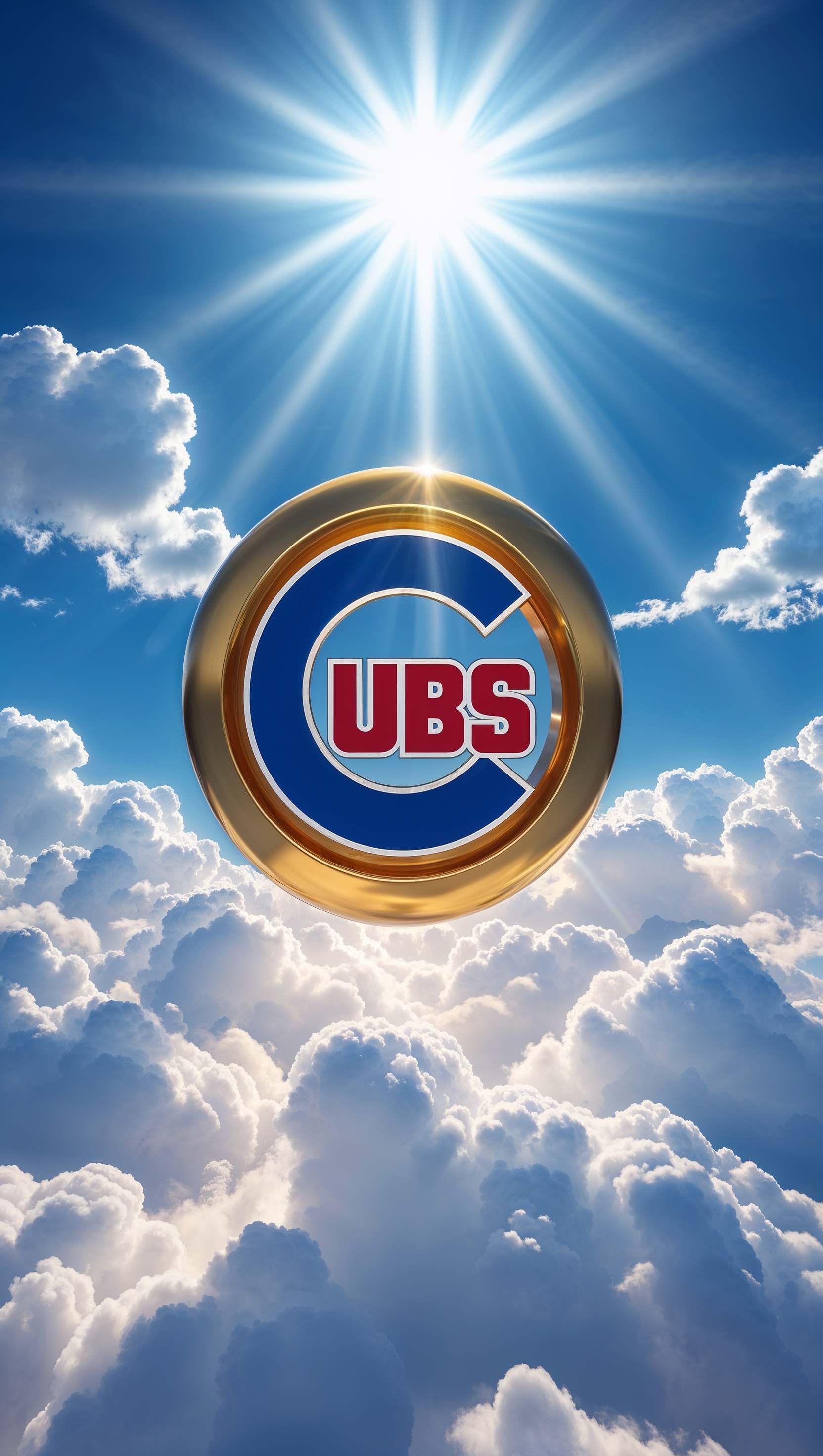 Cubs logo among clouds with bright sunlight