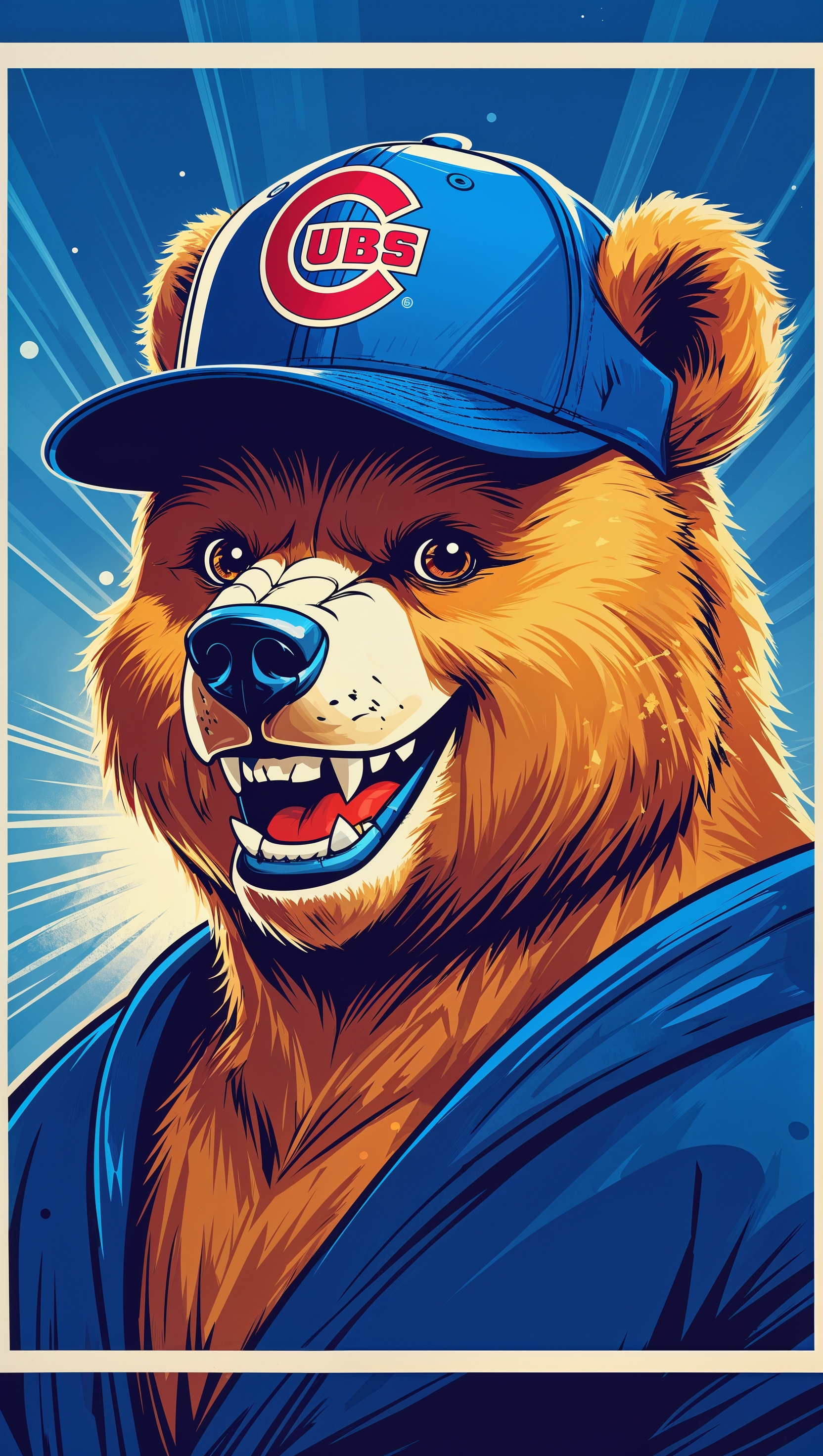 Graphic design of a bear with Cubs cap in comic book style