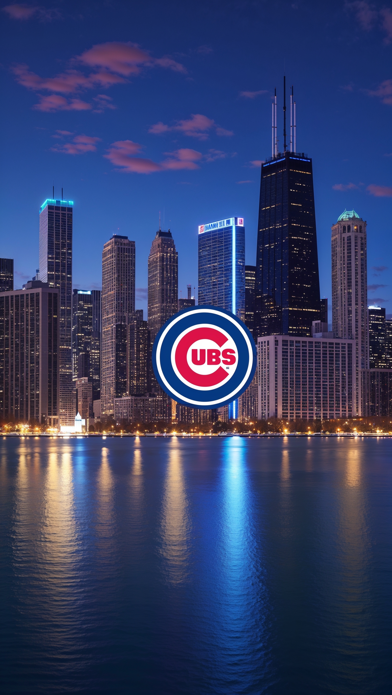 Chicago skyline at night with Cubs logo in the center