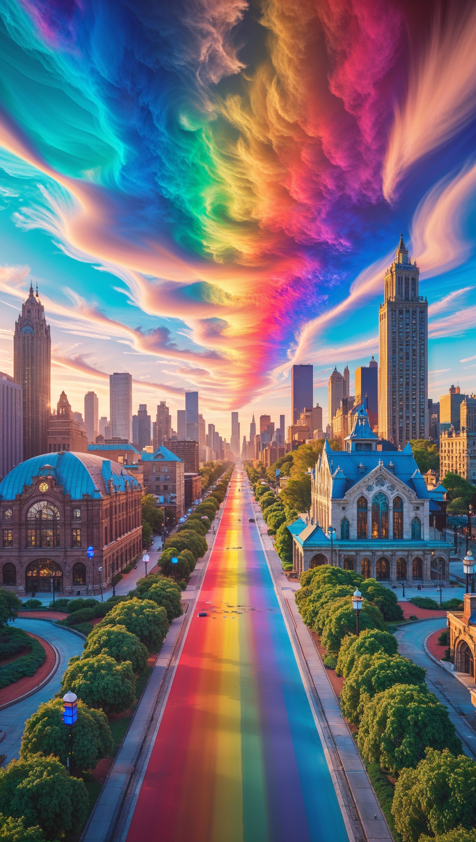 Chicago in a parallel world with a rainbow sky, a fantasy iPhone wallpaper