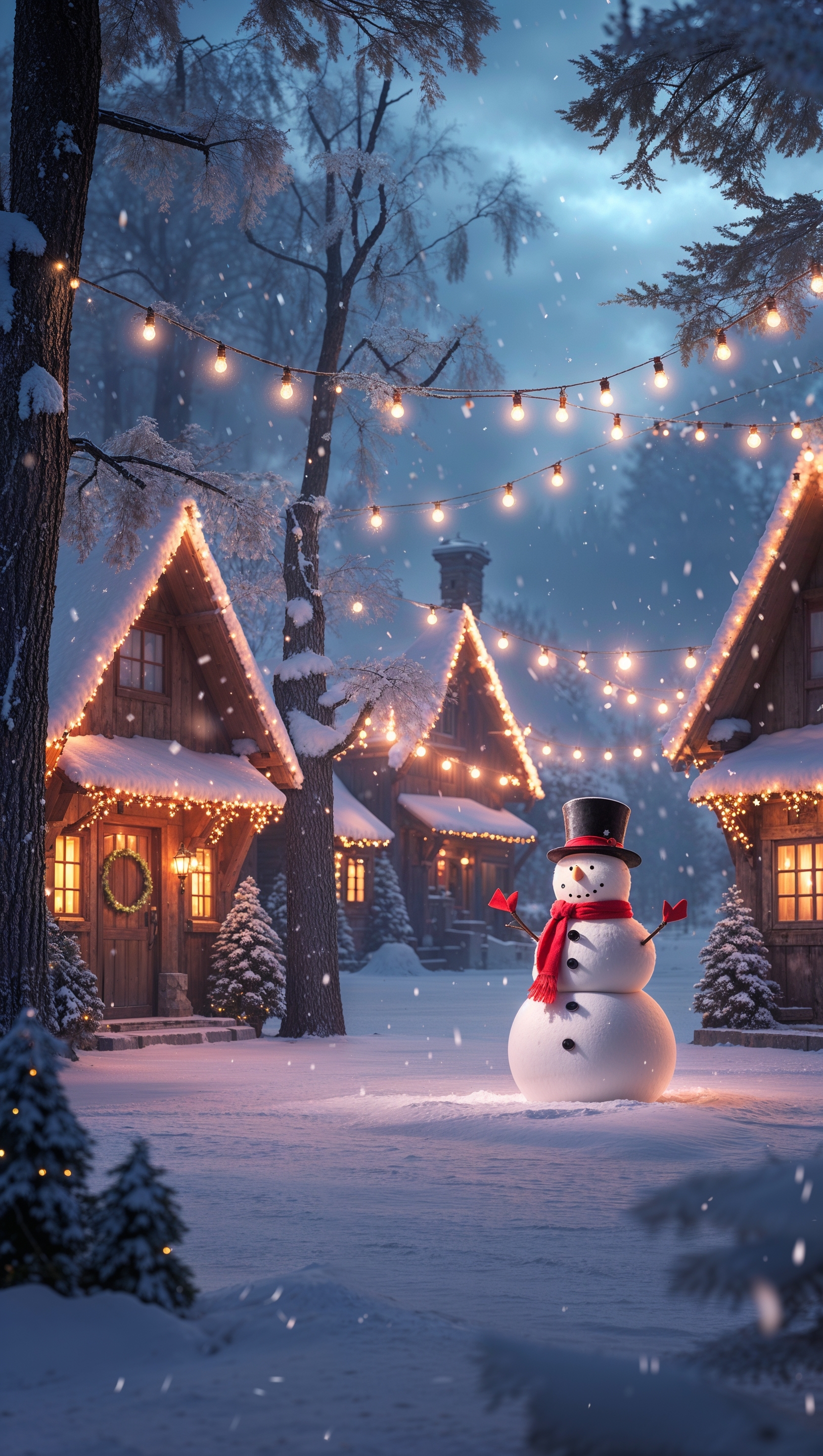 Fantasy street with shops decorated with Christmas lights
