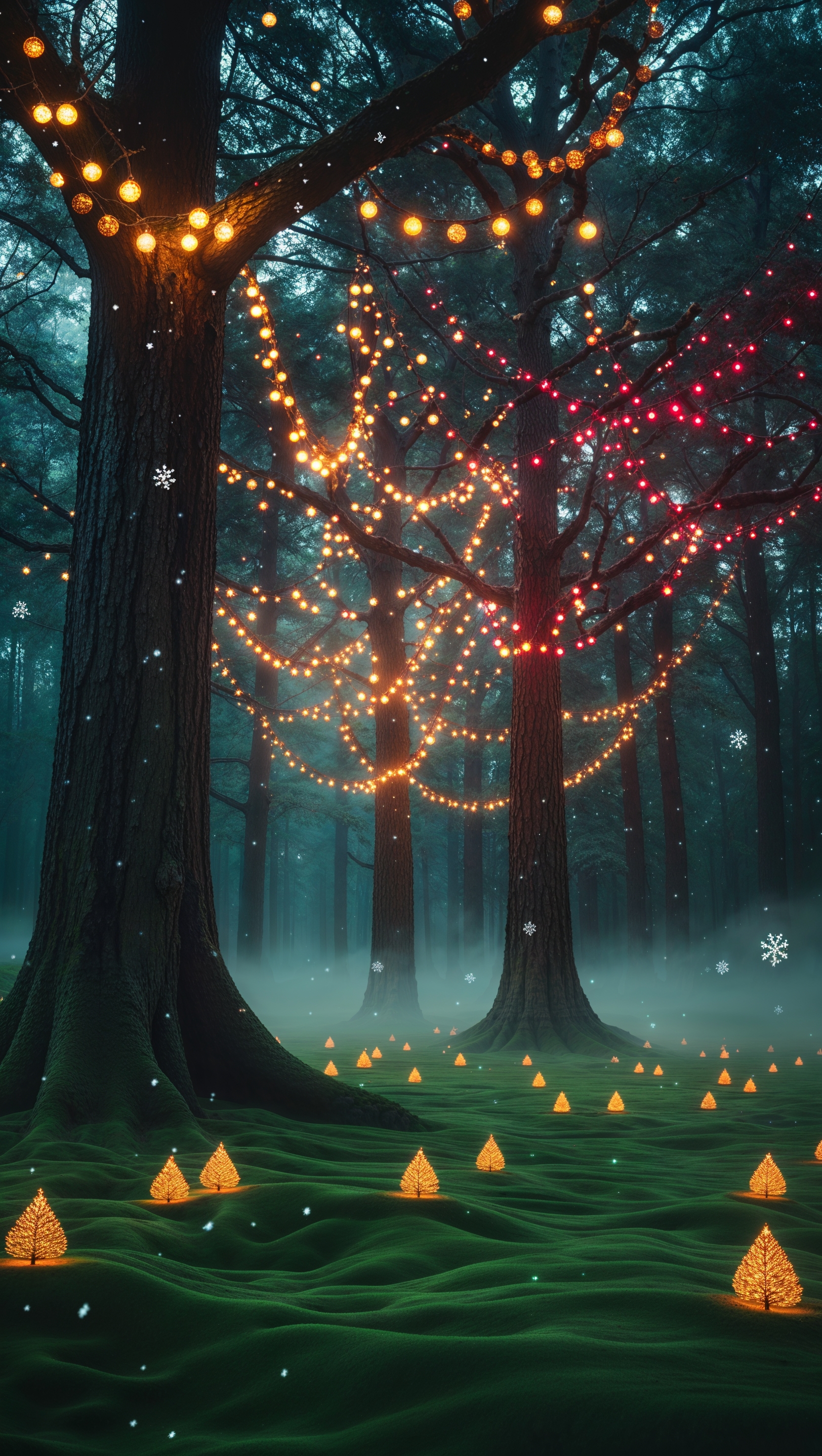 Magical forest with Christmas lights and soft mist