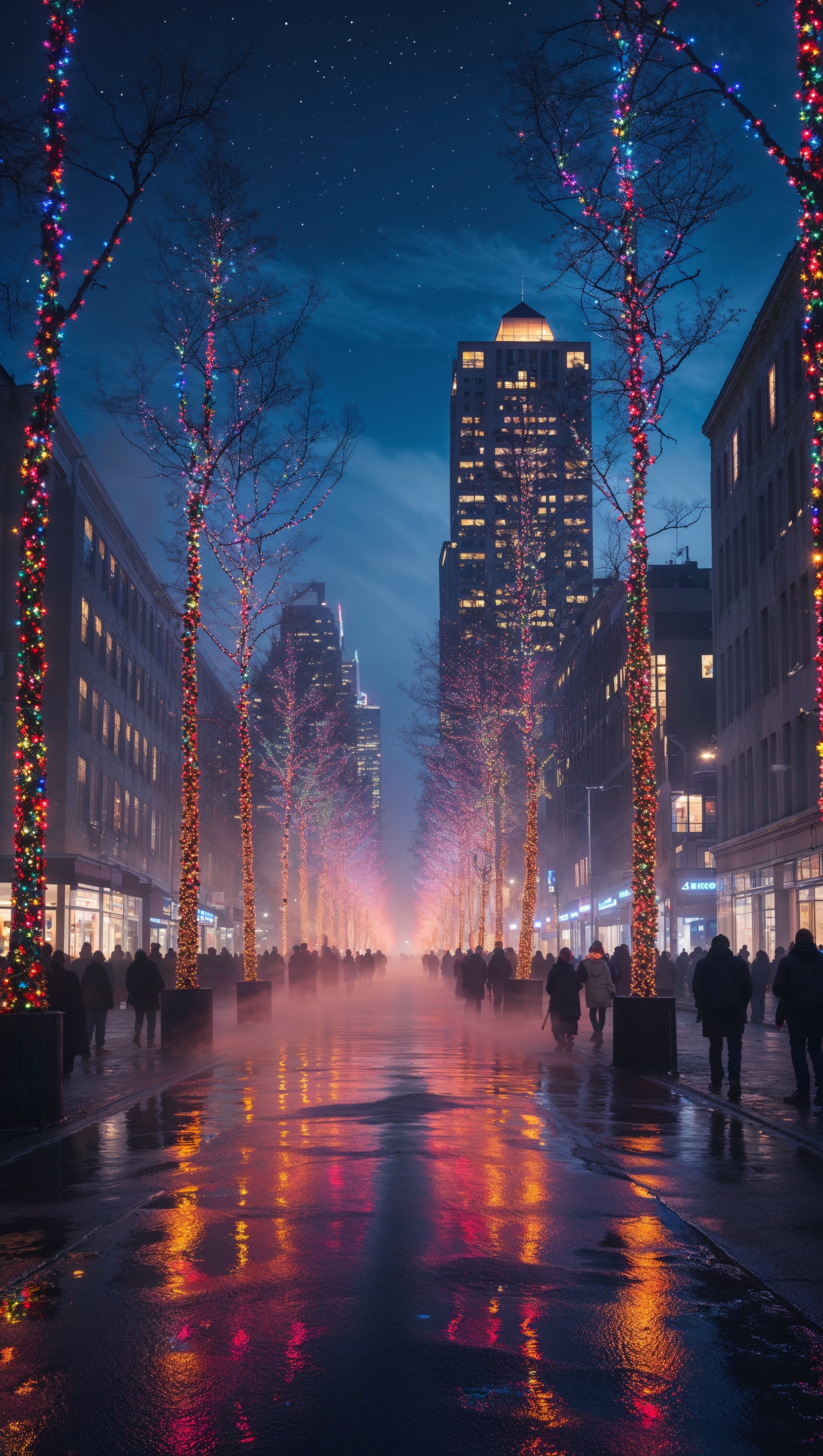 Night cityscape with Christmas-lit street trees