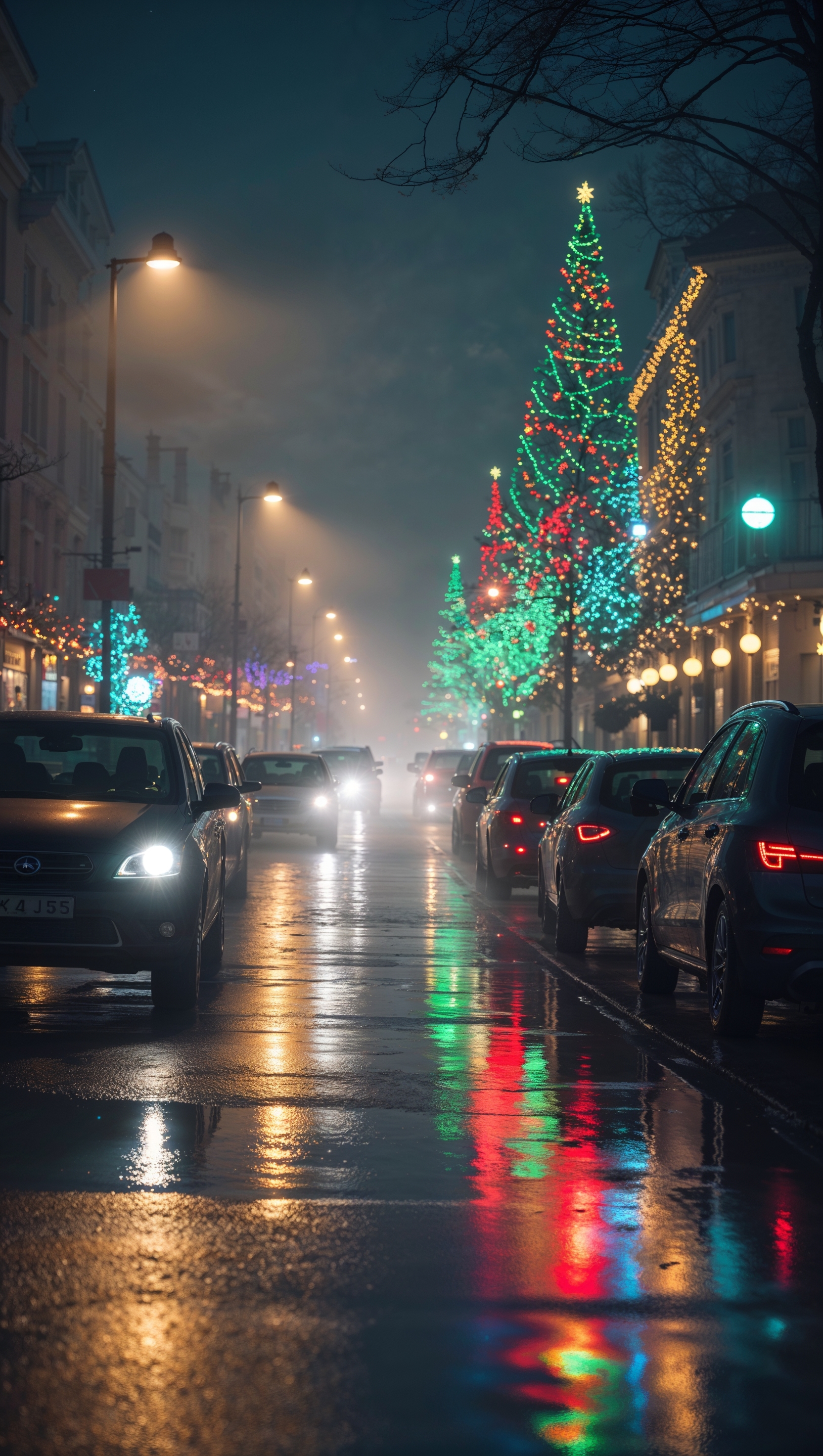 Christmas night traffic with lights reflecting on wet pavement