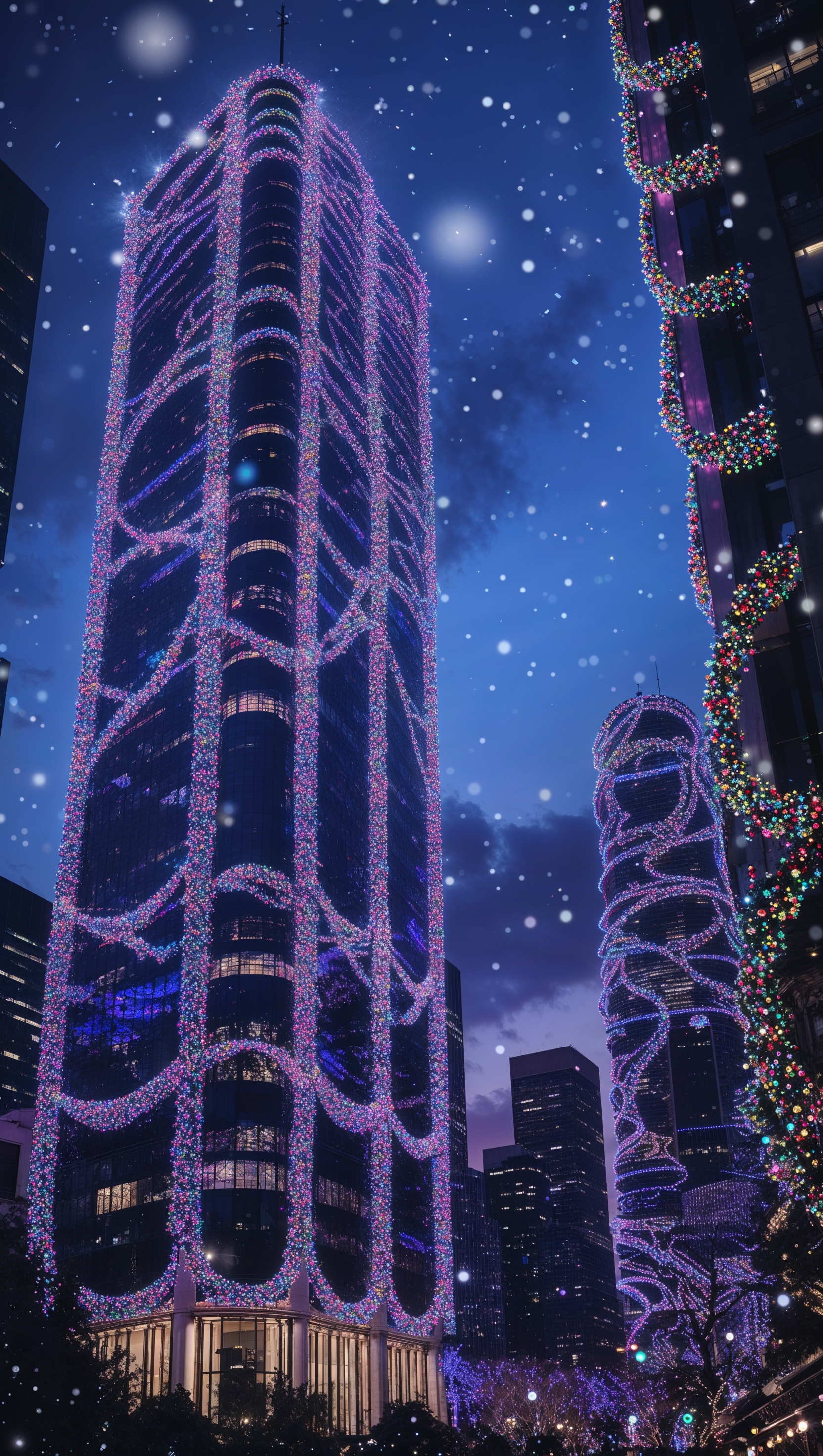 Skyscrapers decorated with Christmas lights
