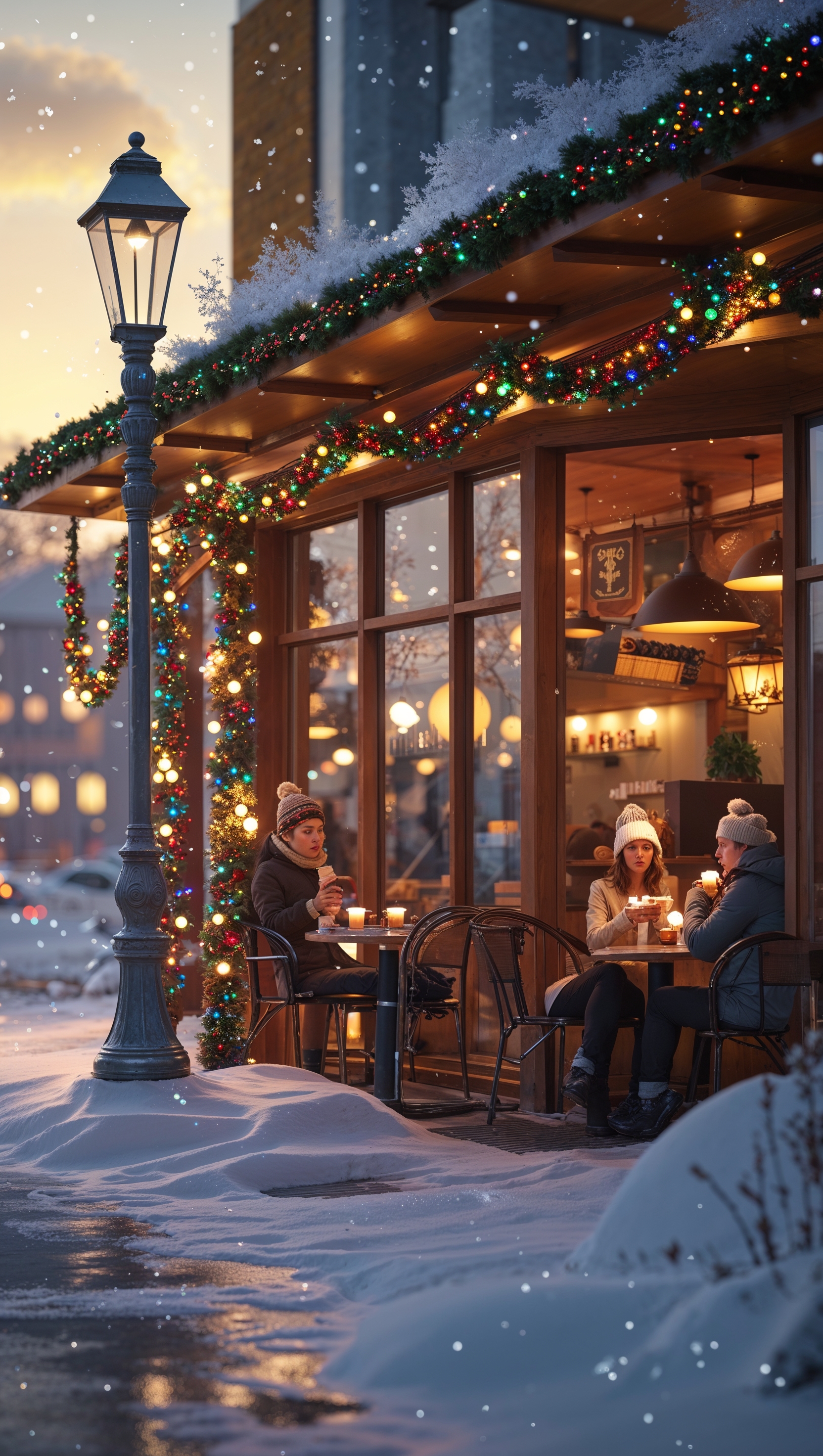 Modern café with a Christmas-lit exterior