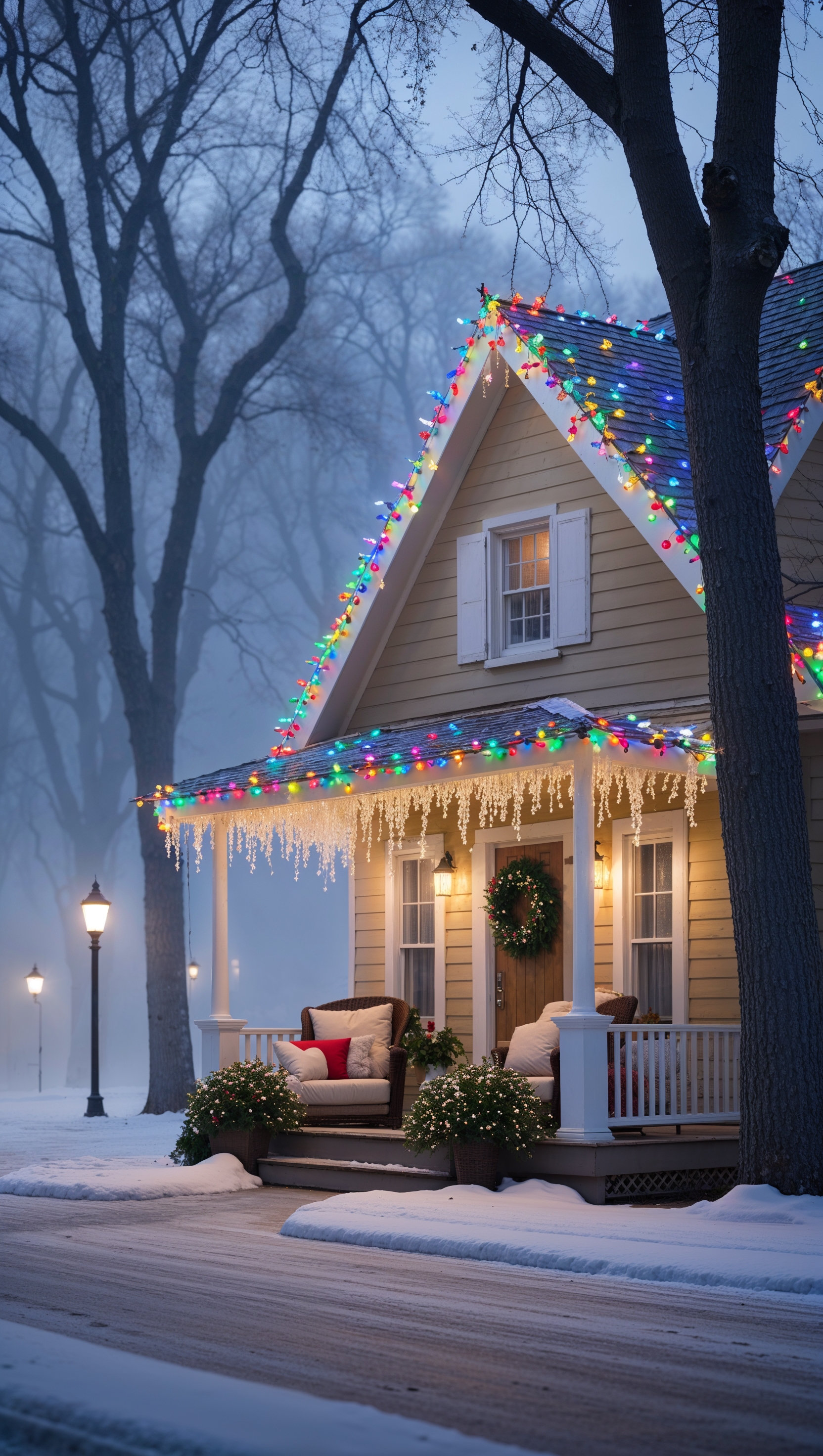 A cozy house decorated with Christmas lights on a quiet street