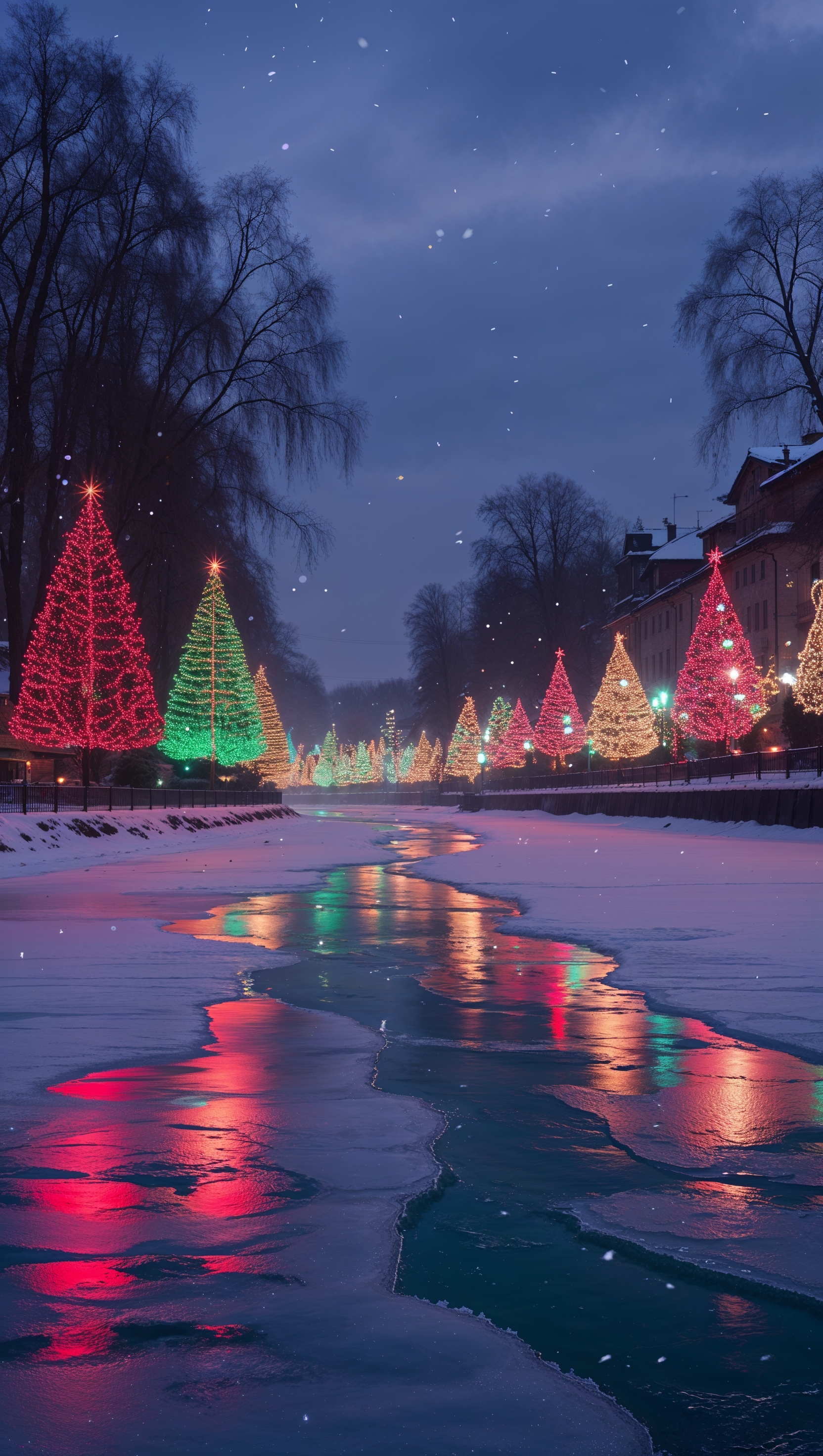 Mountain landscape with lit-up cabins and Christmas lights