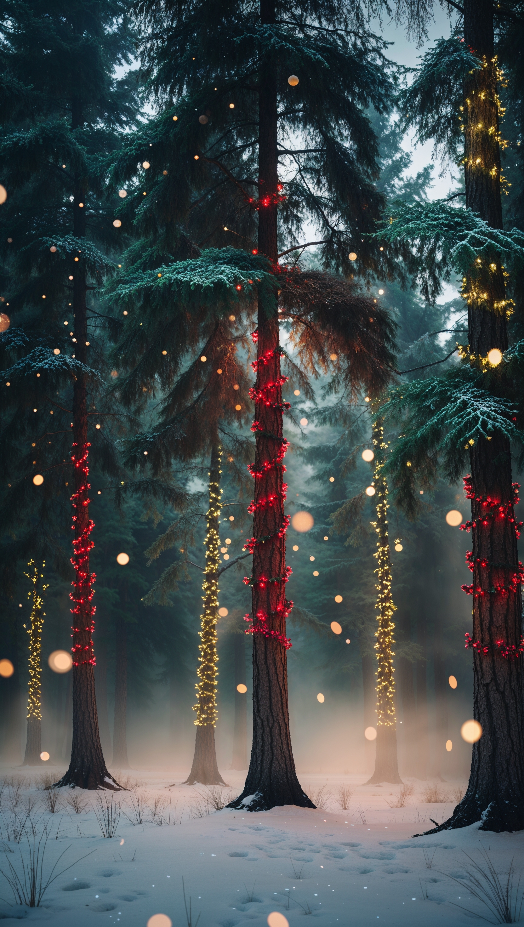 Forest pine trees decorated with Christmas lights