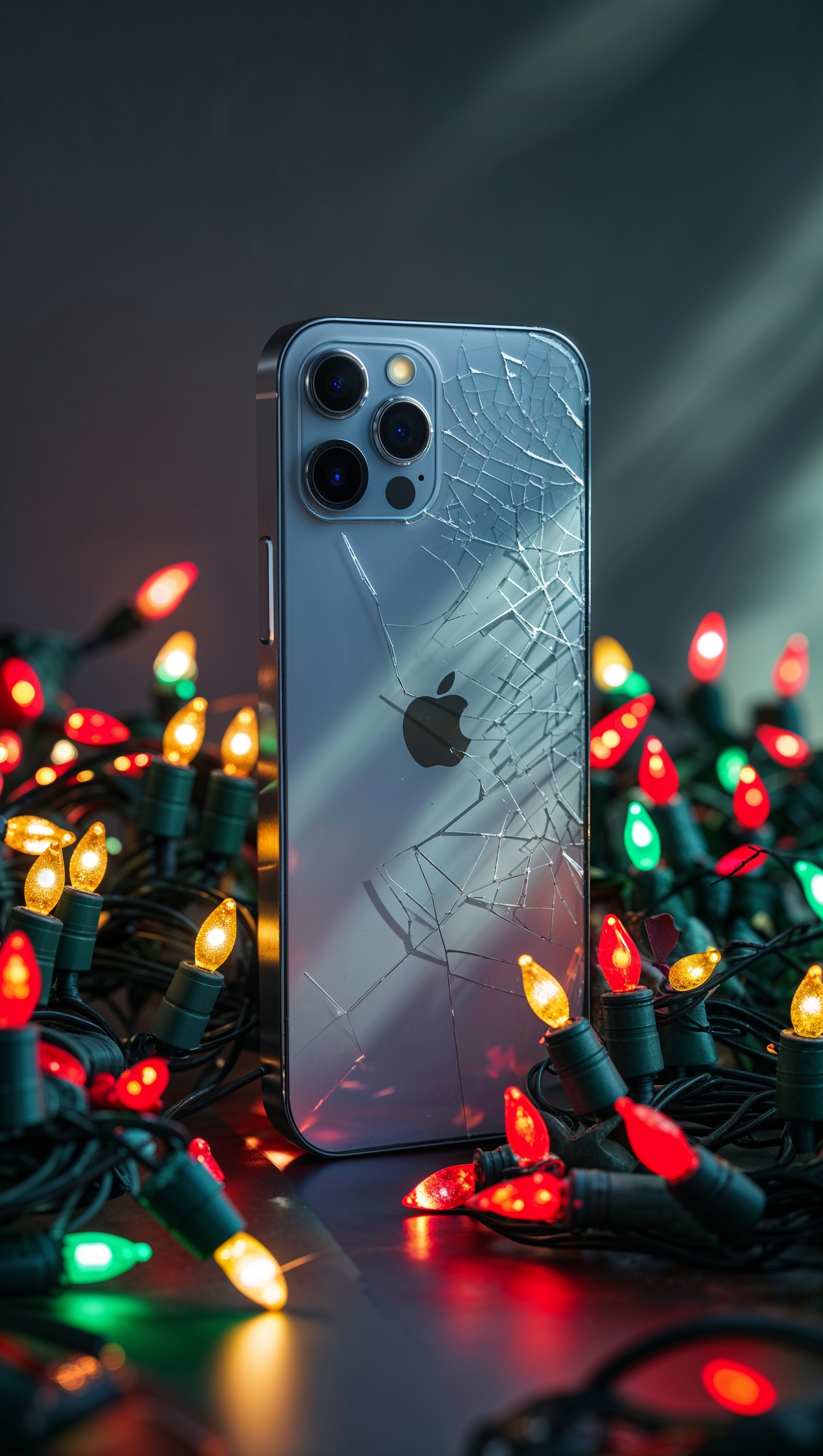 An iPhone surrounded by glowing Christmas lights