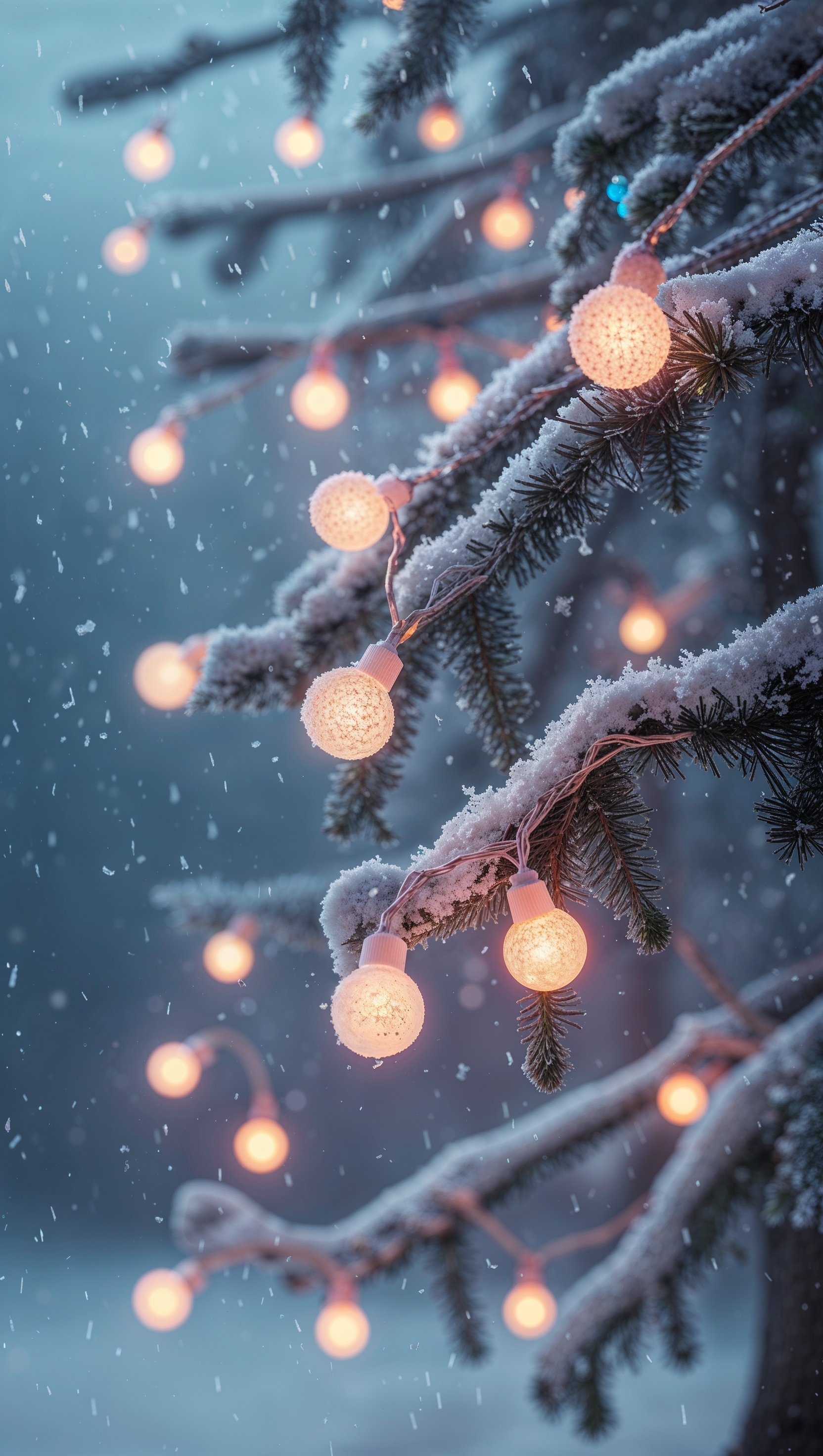 Snow-covered tree branches with hanging Christmas lights