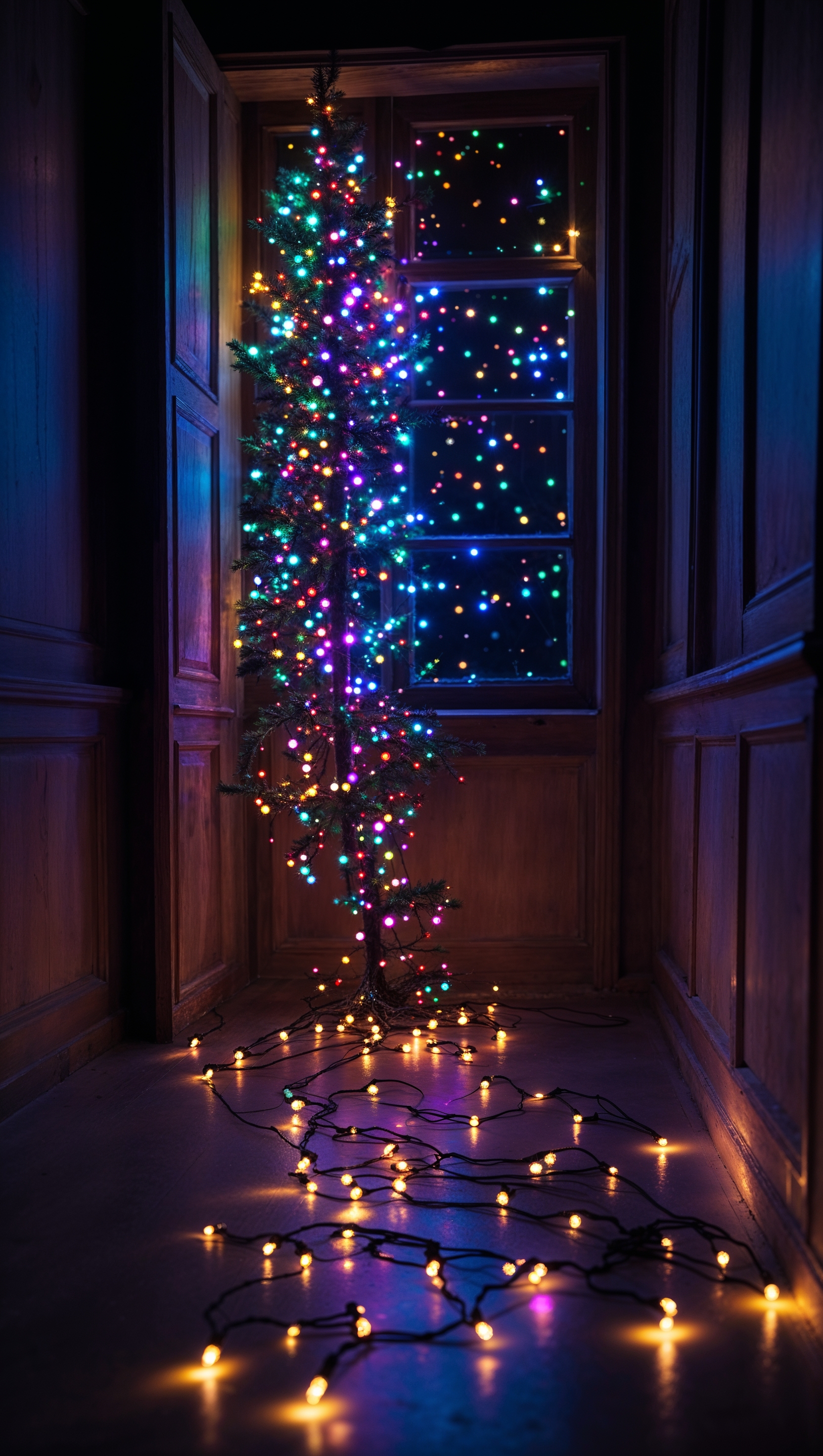 Inside a dark room lit only by glowing Christmas lights