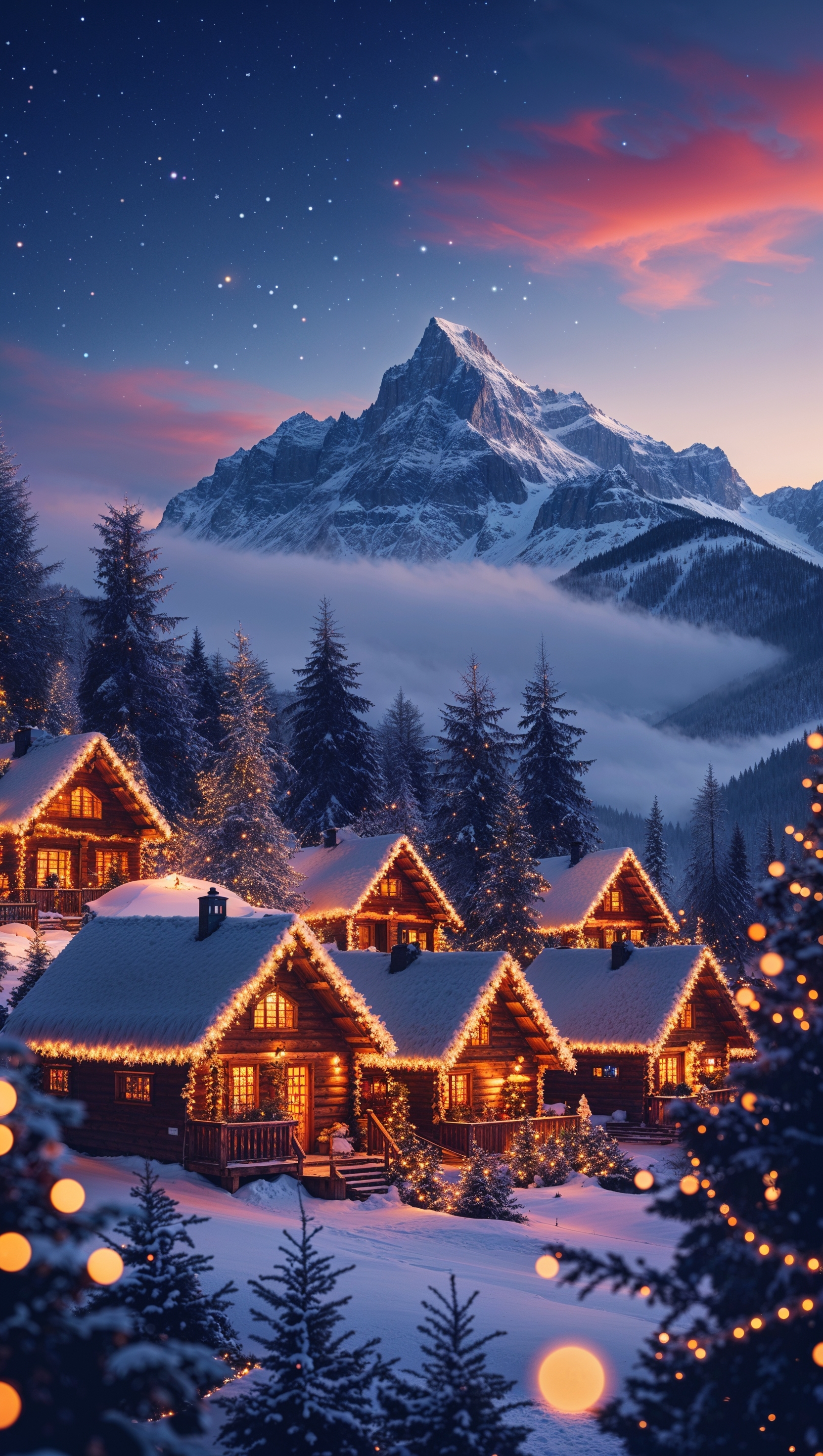 Frozen river reflecting Christmas lights