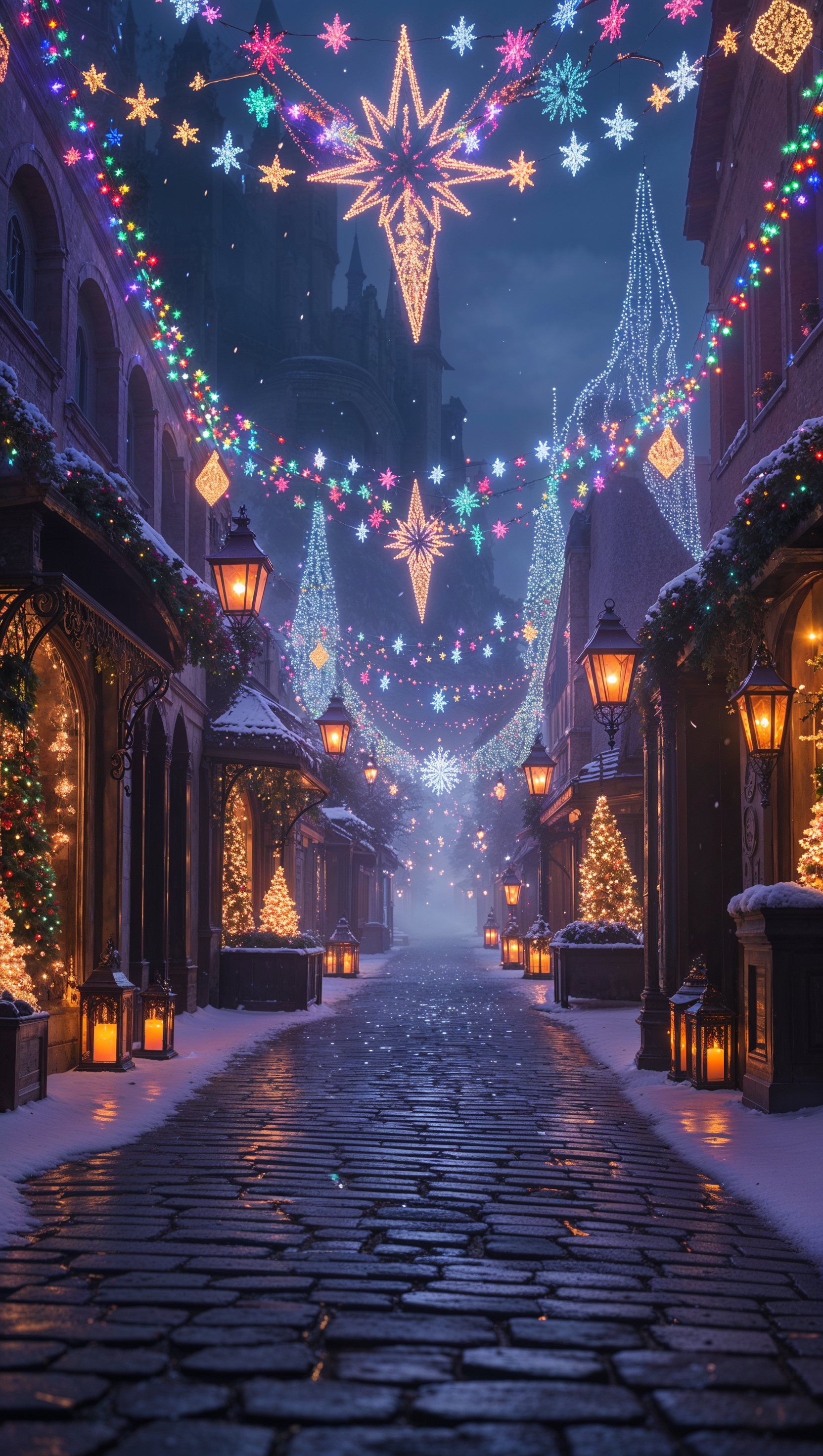 Dreamy village with Christmas lights and snowman