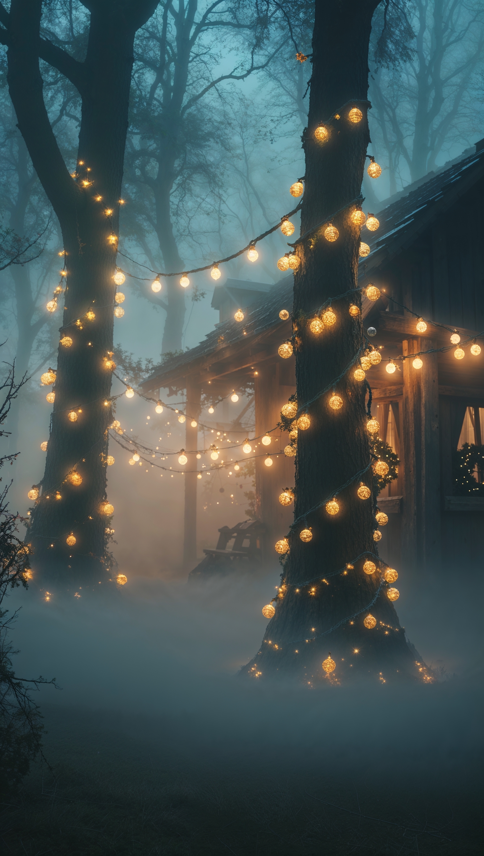 Foggy night with hazy Christmas lights