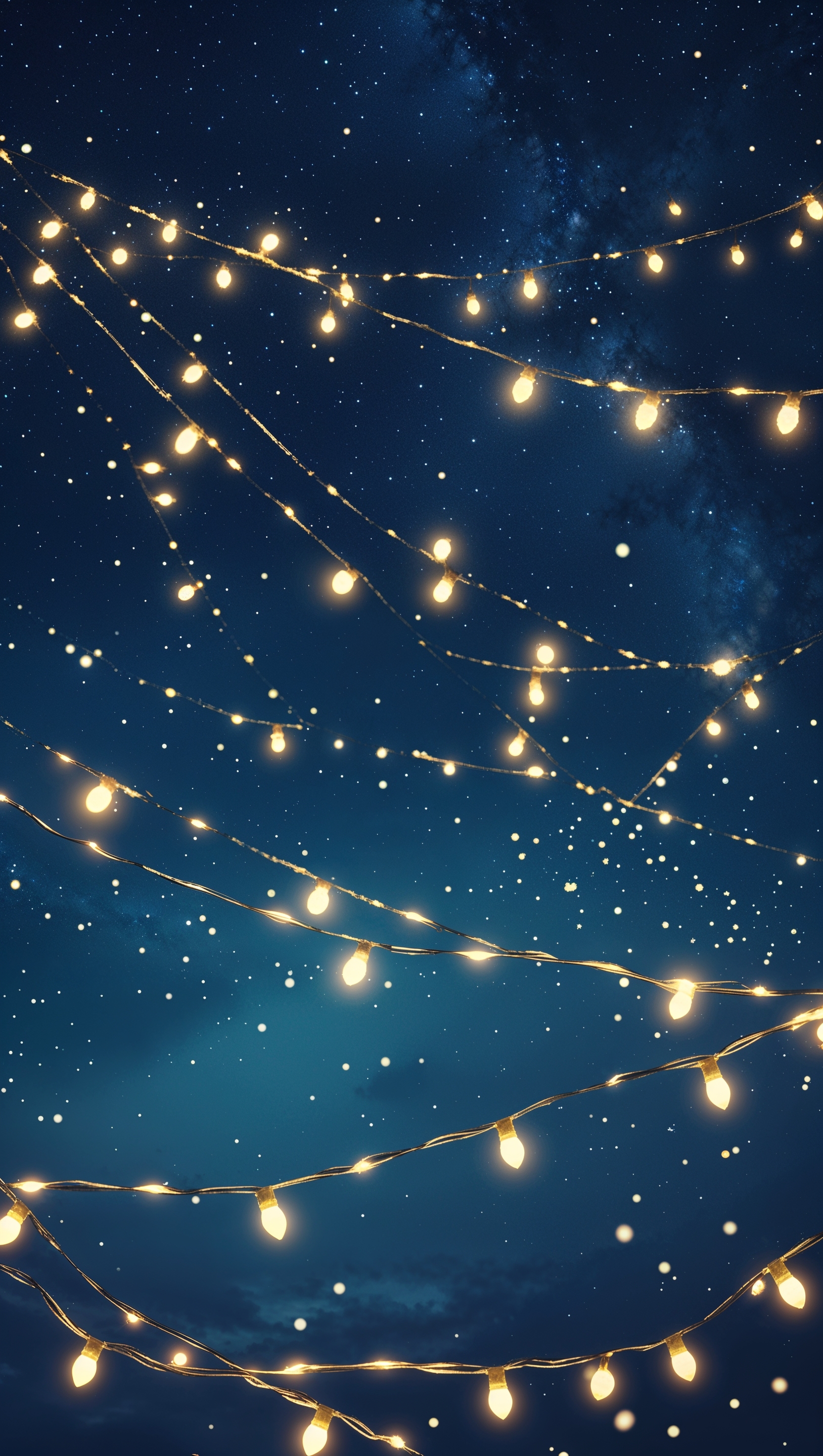 Floating Christmas lights in a starry night sky