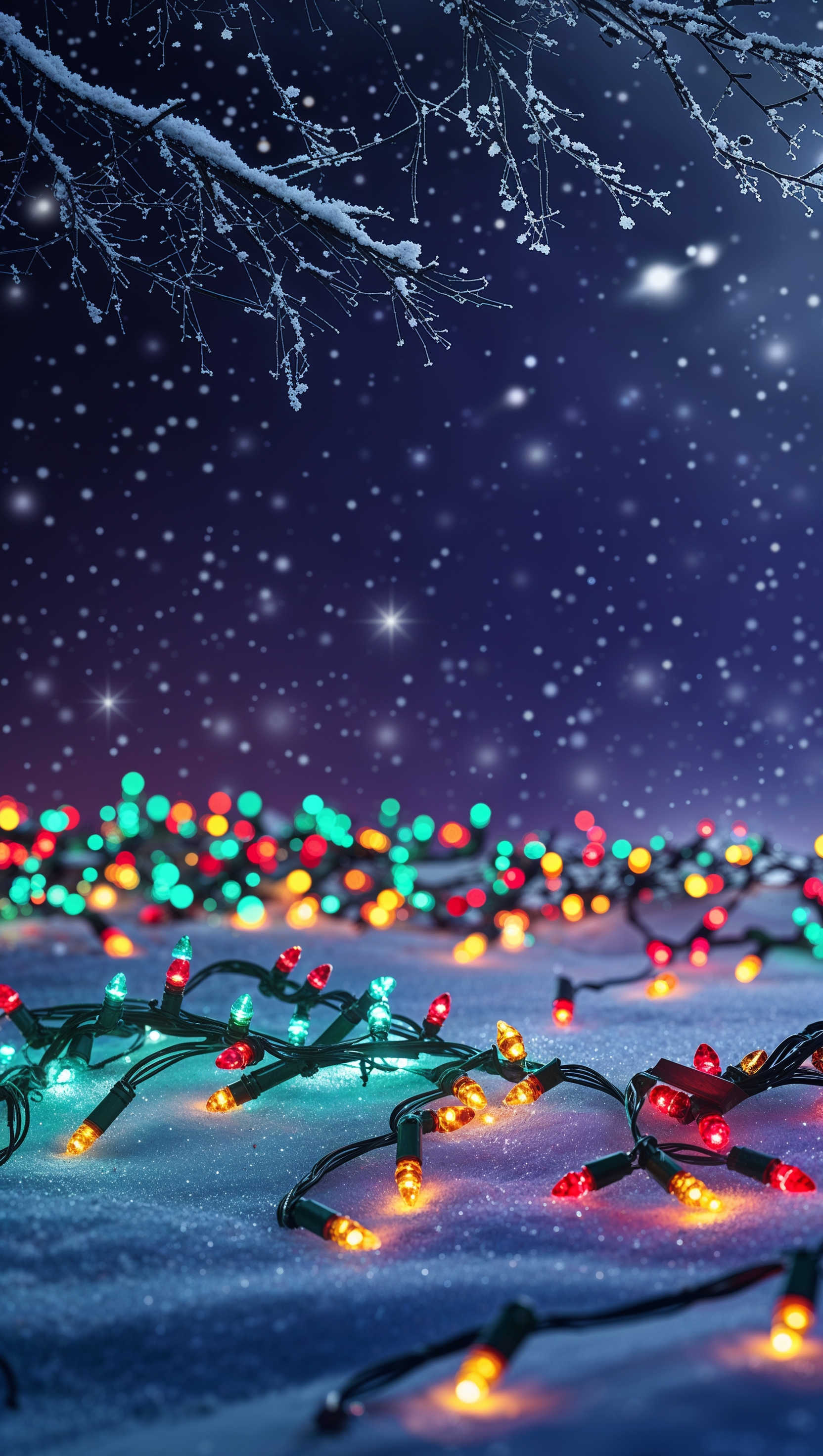 Colorful Christmas lights wallpaper on a snowy winter night