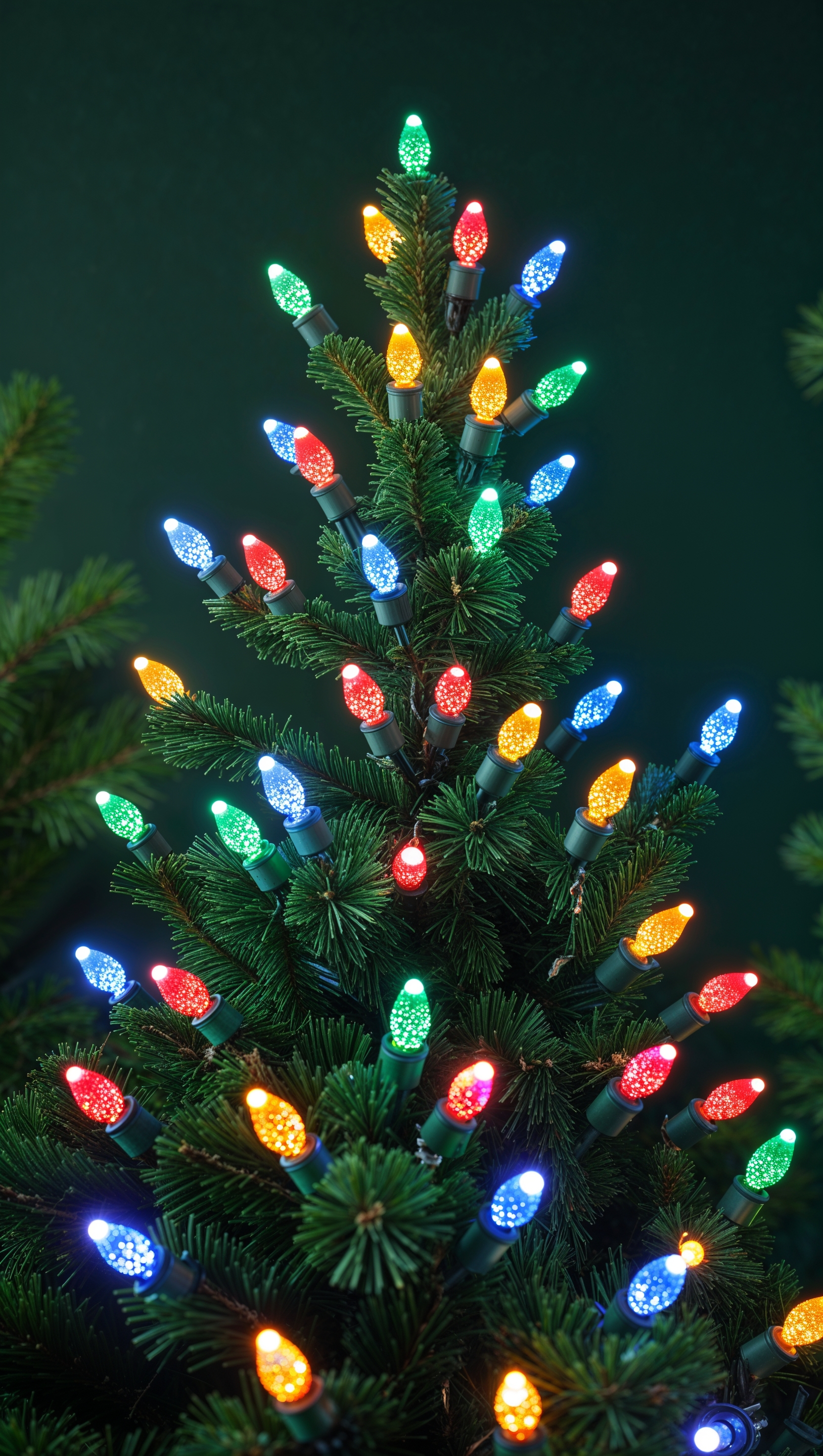 Close-up of colorful LED Christmas lights on a pine tree