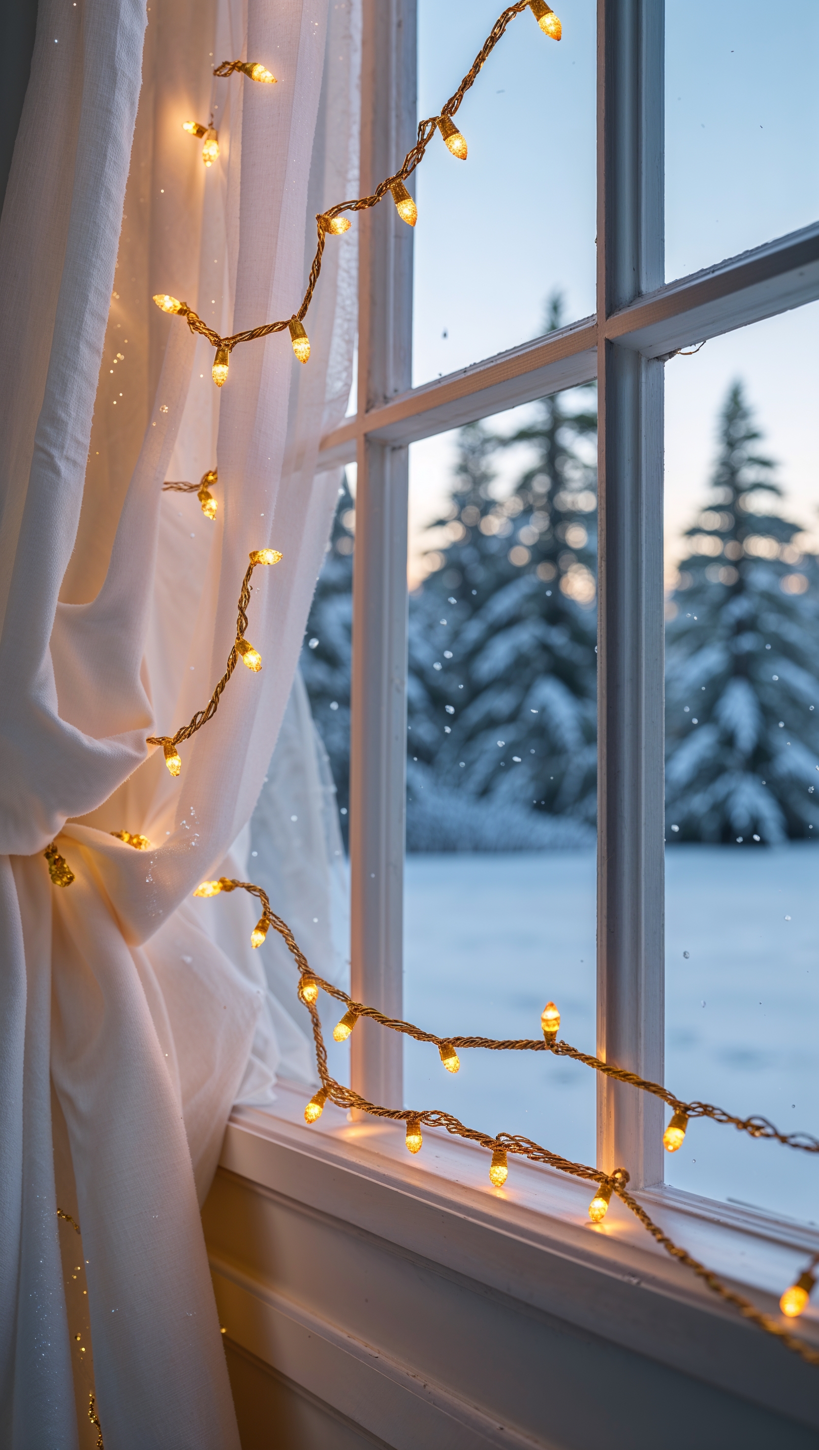 Christmas lights hanging from a window with a snowy view