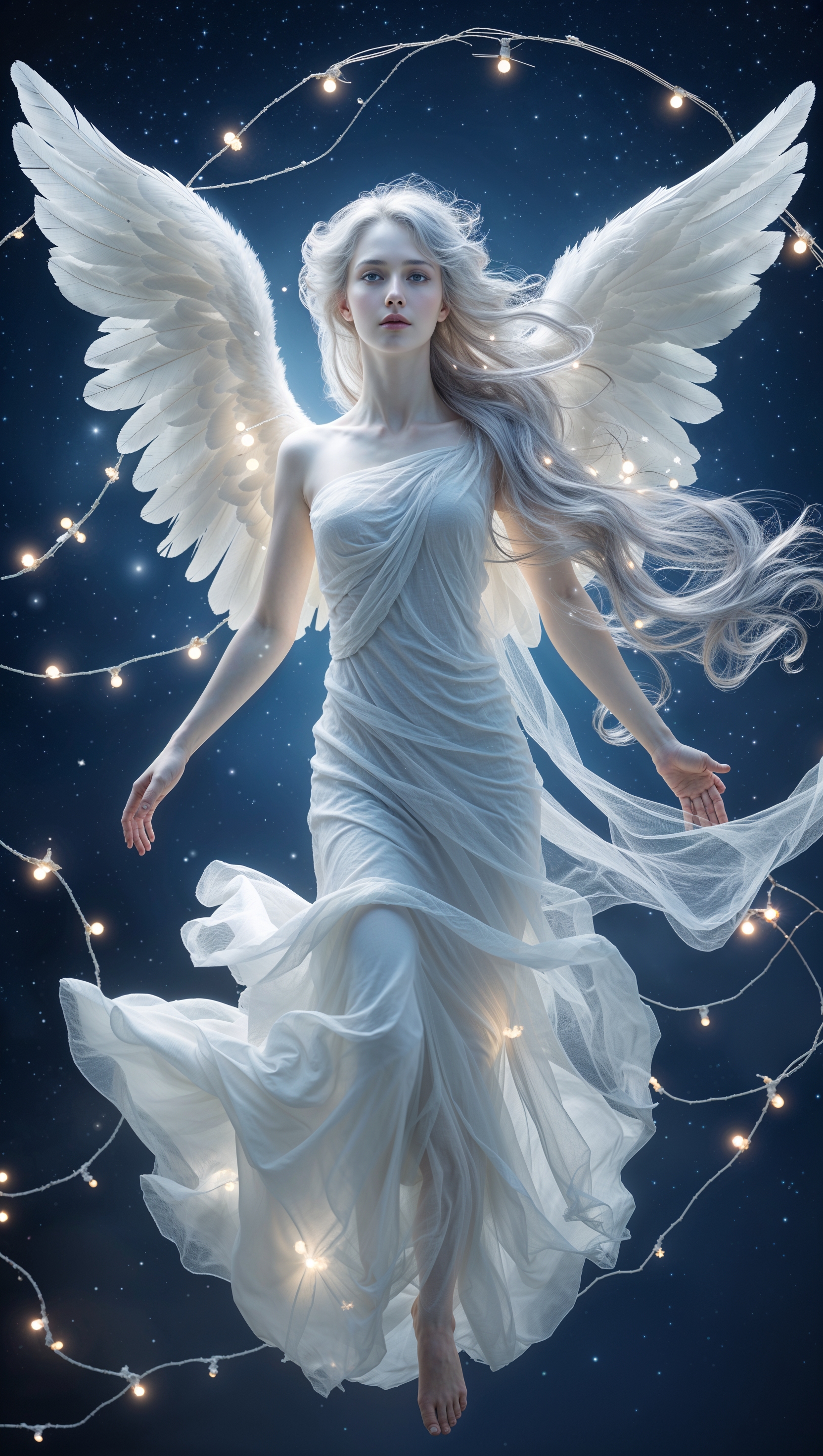 A glowing angel flying with strings of Christmas lights