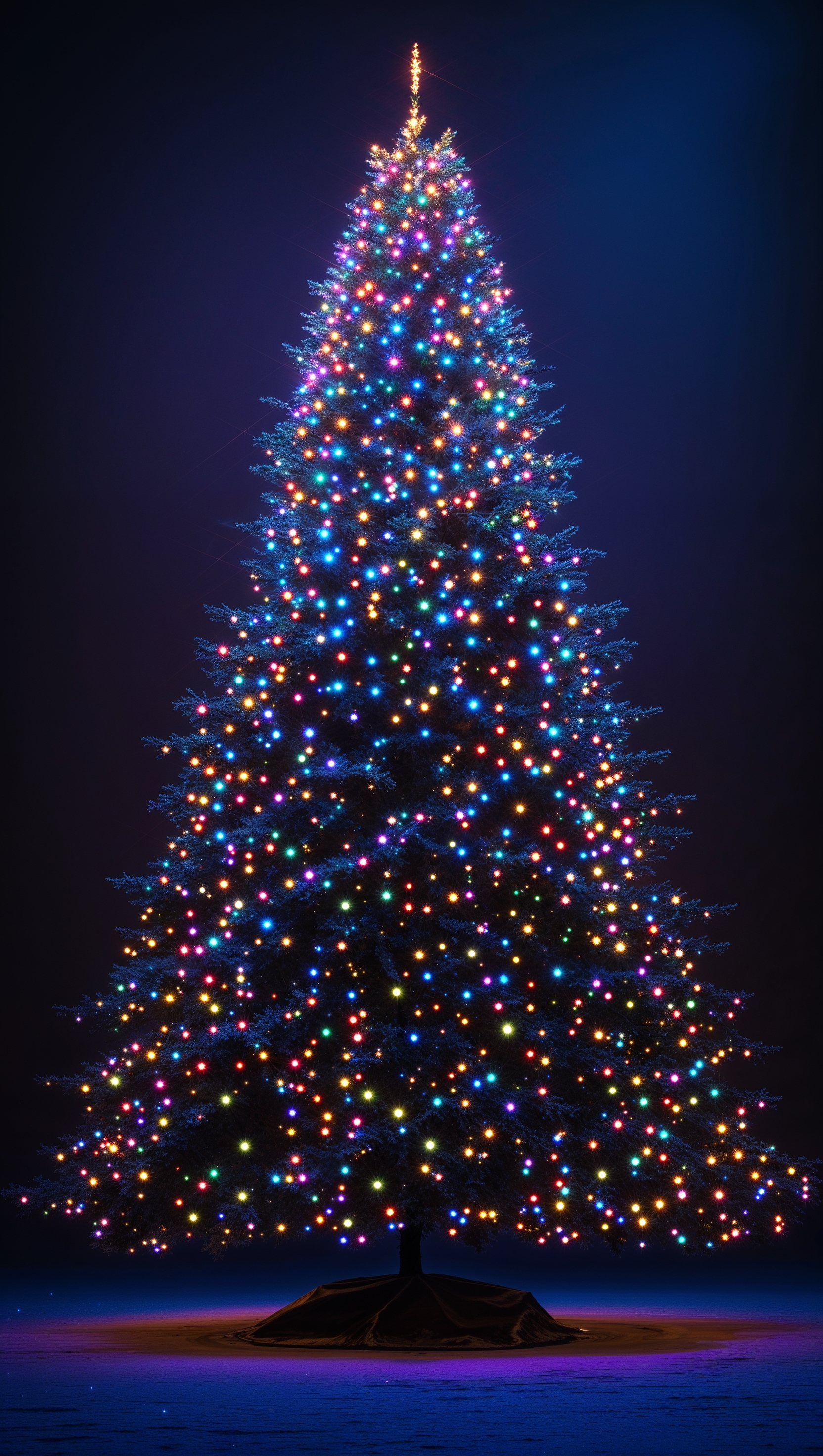 A Christmas tree with blinking lights and a dark background