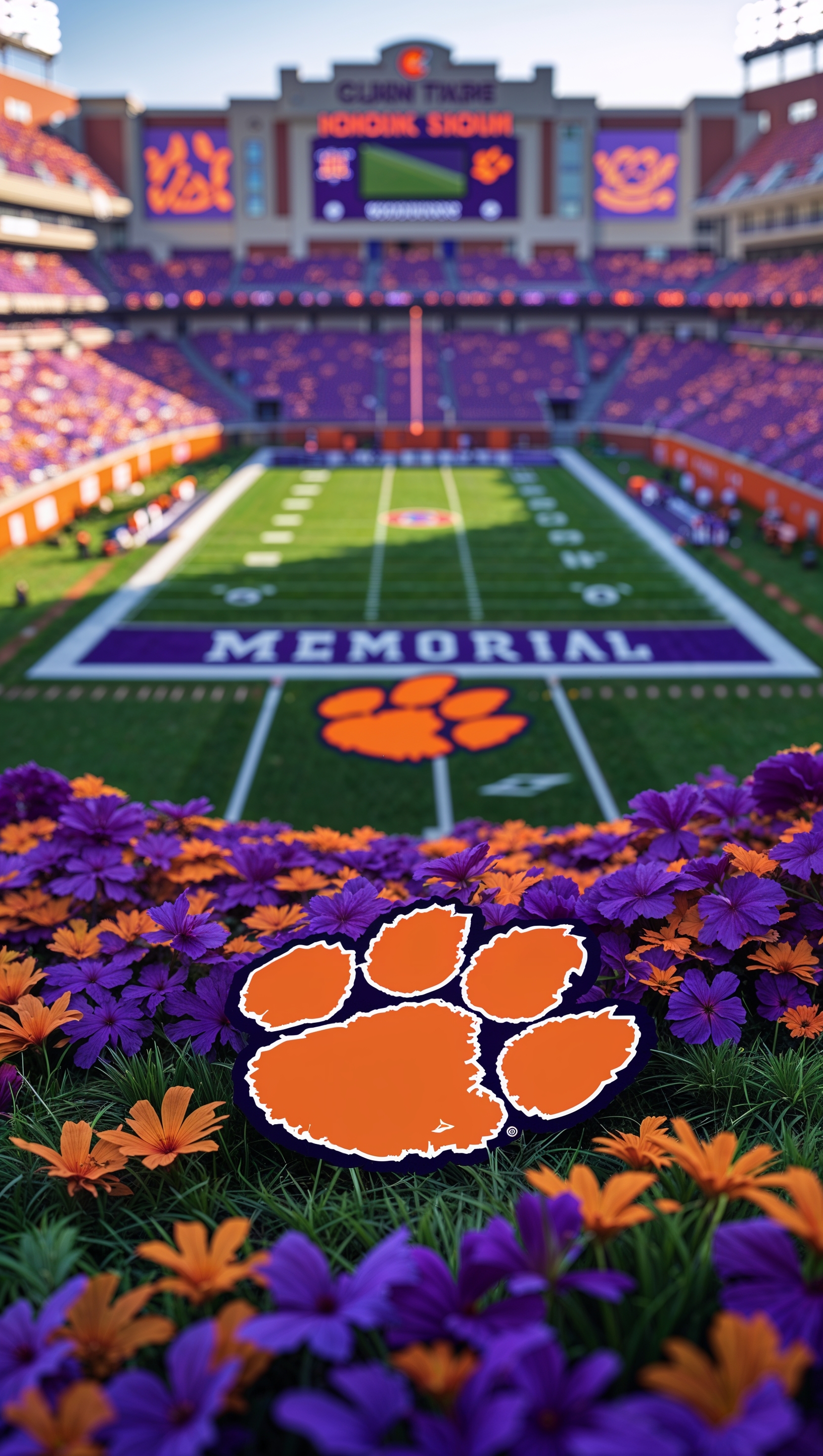 Create a wallpaper with Clemson University's colors and a view of the football field