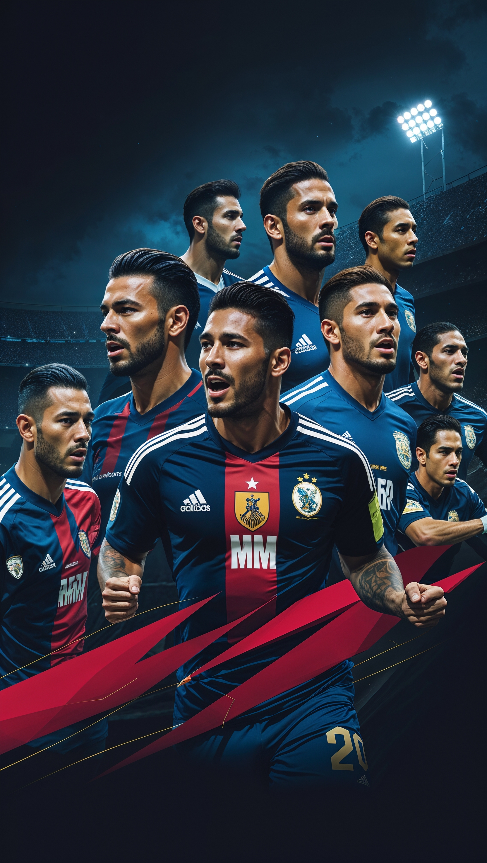 Graphic wallpaper of famous Club América players with a dark background