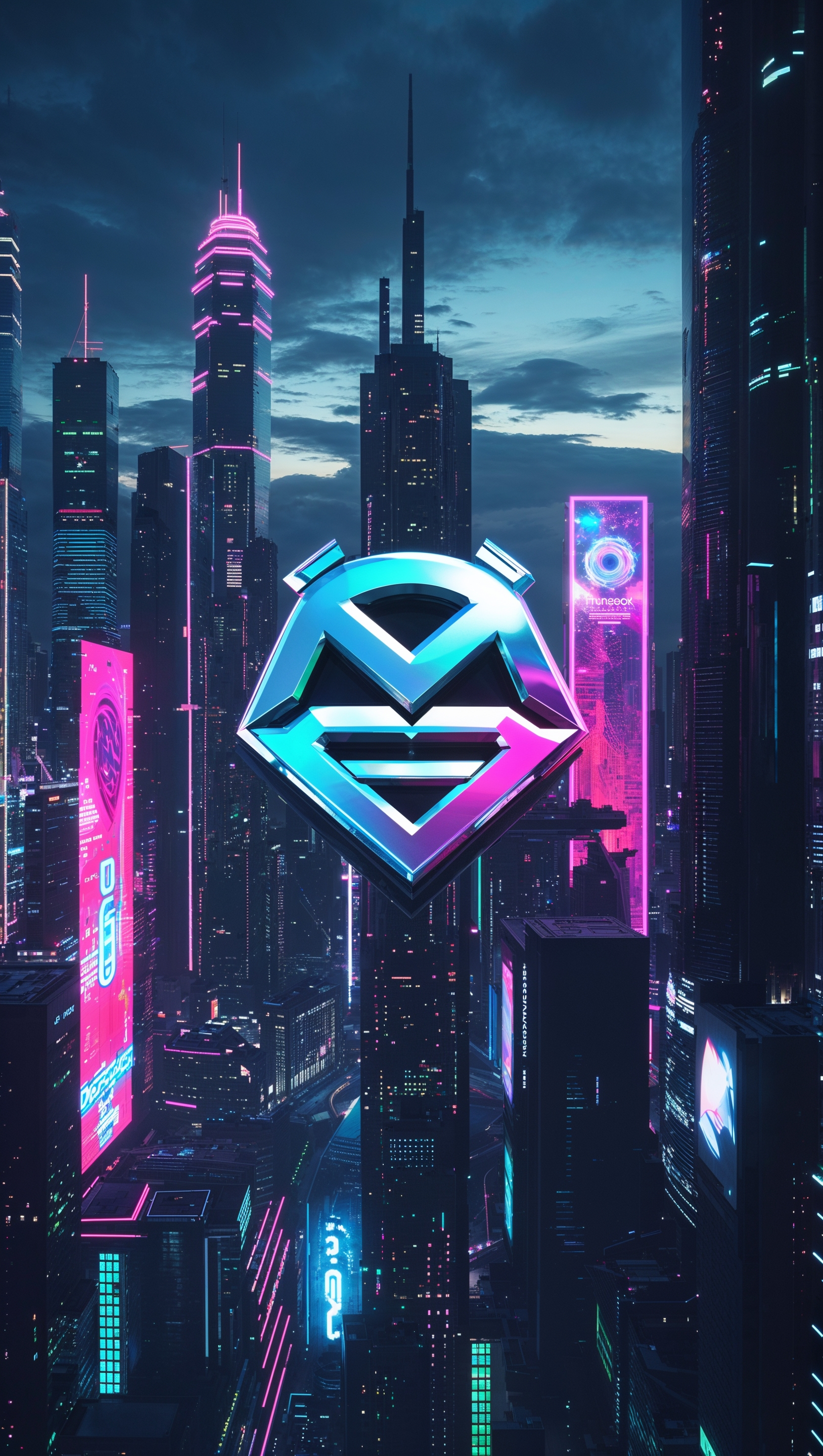 Cyberpunk-style wallpaper with glowing colors and logo