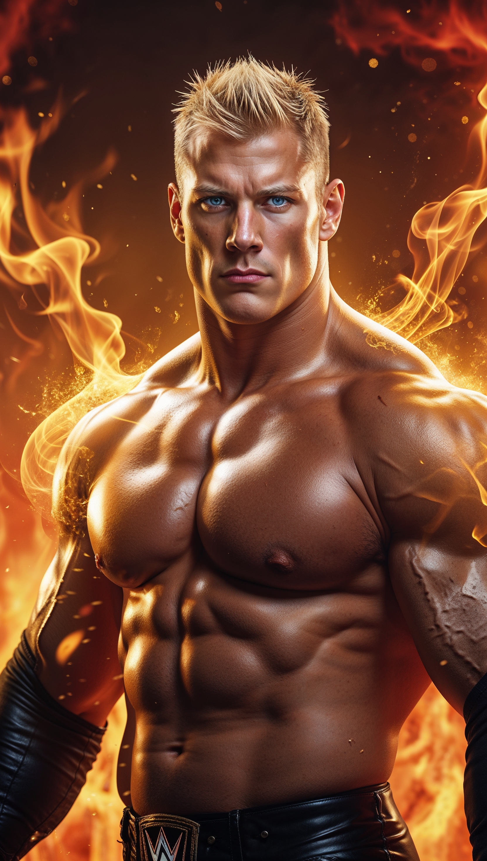 Cody Rhodes with fire flames and golden lighting effects