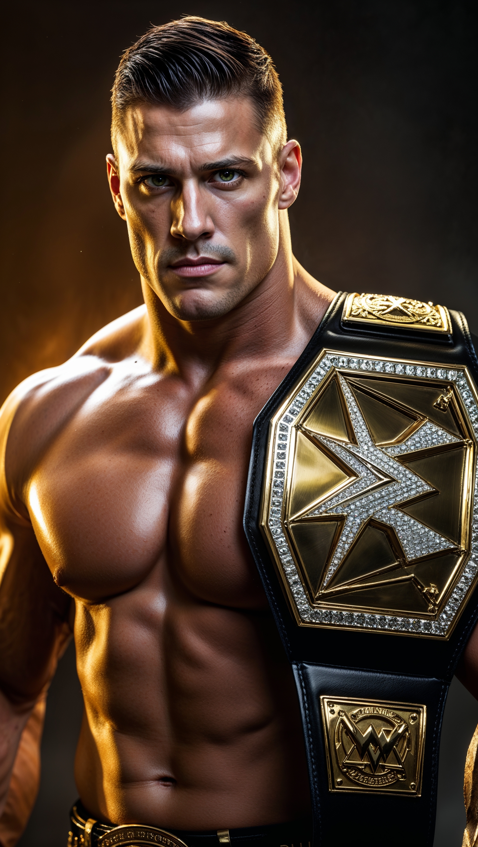 Cody Rhodes with championship belt under dramatic lighting