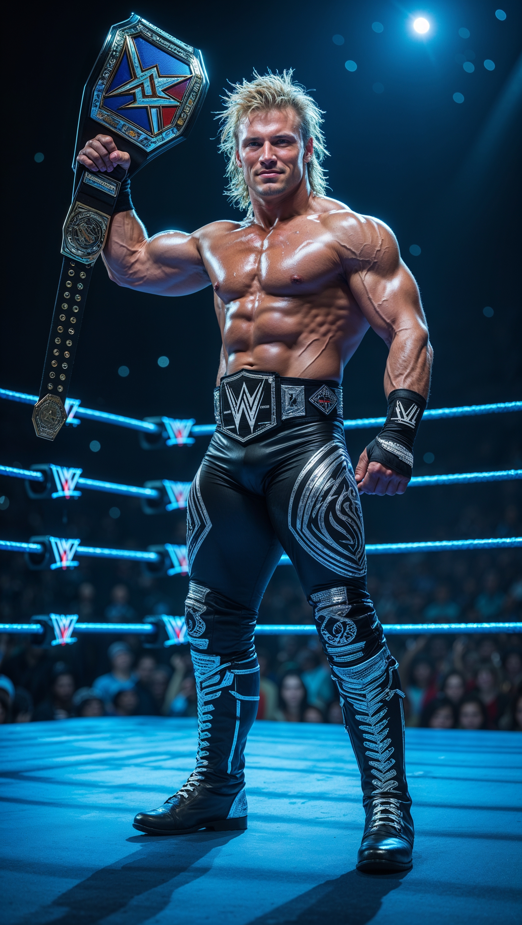 Cody Rhodes victorious in the ring with blue light effects