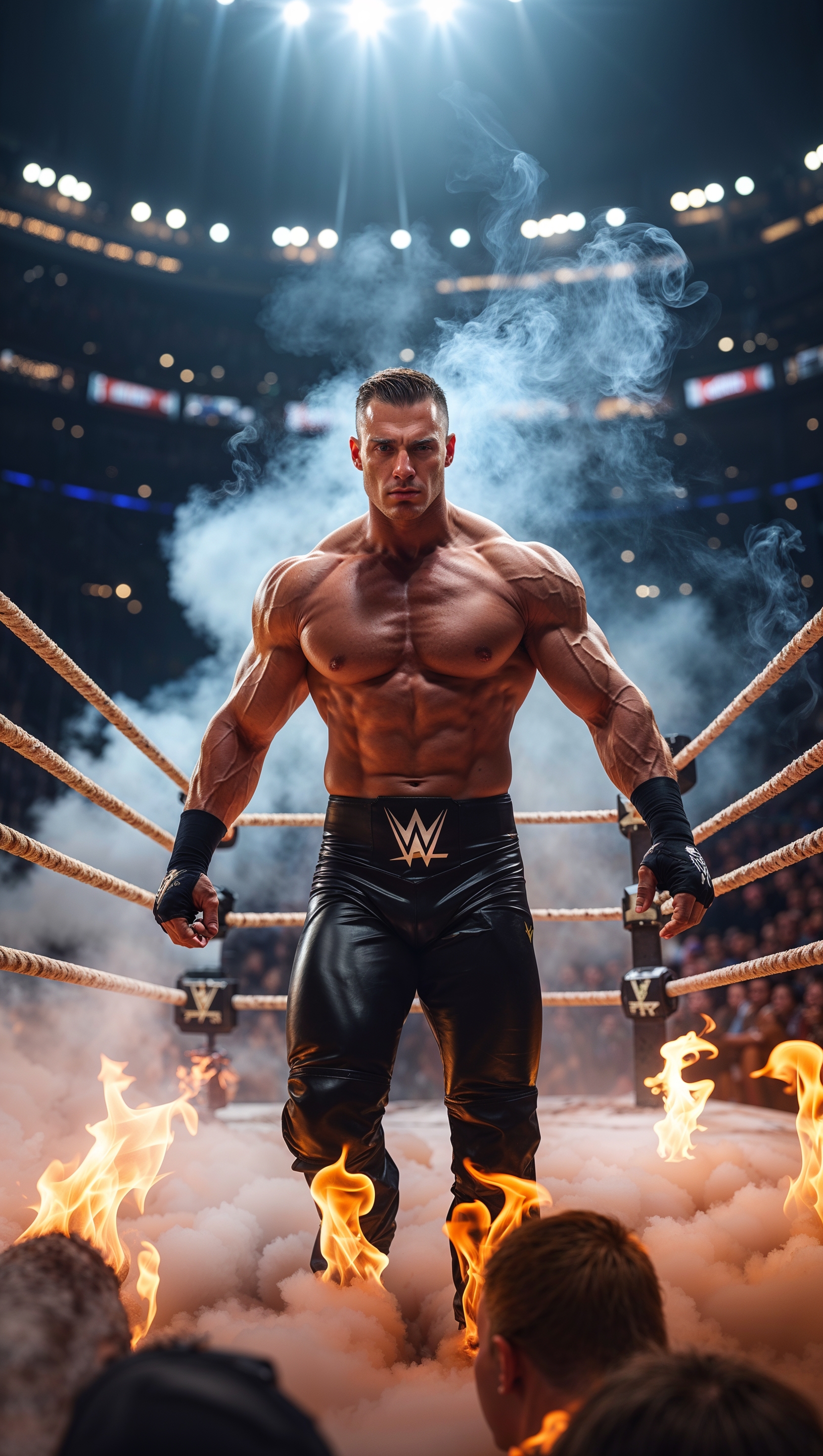 Cinematic shot of Cody Rhodes entering the ring with fire and smoke