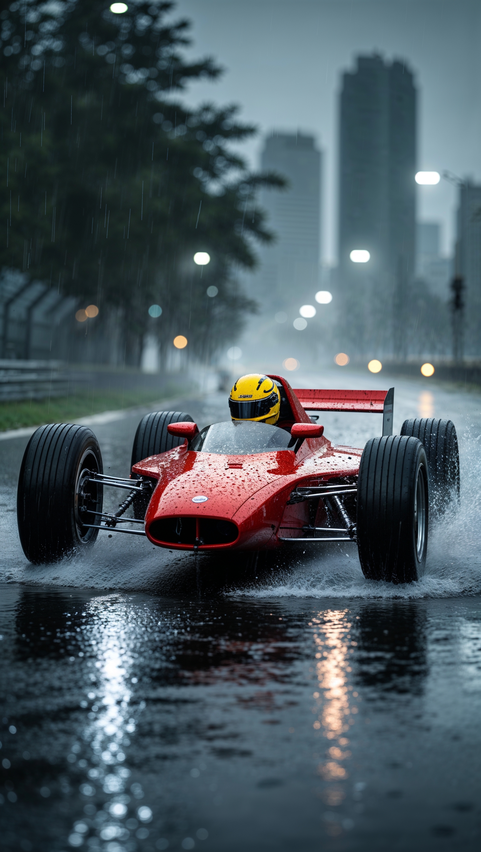 Race car driving on a rainy road