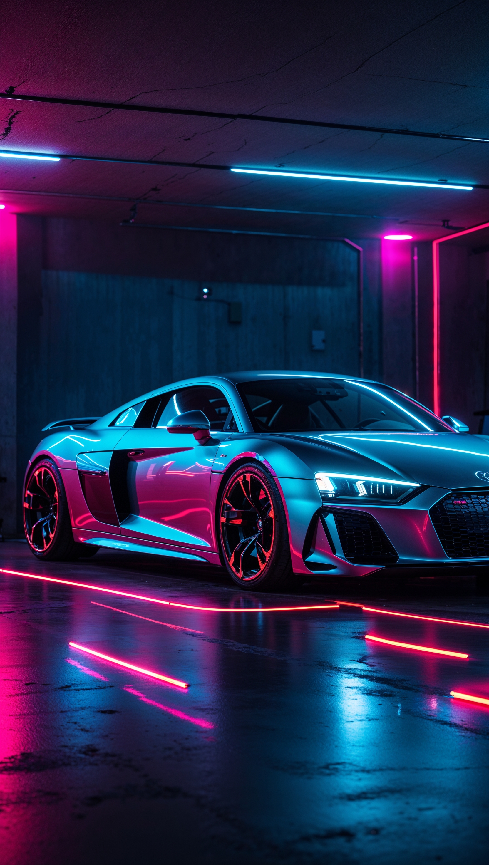 Audi R8 in a dark garage with colorful lights