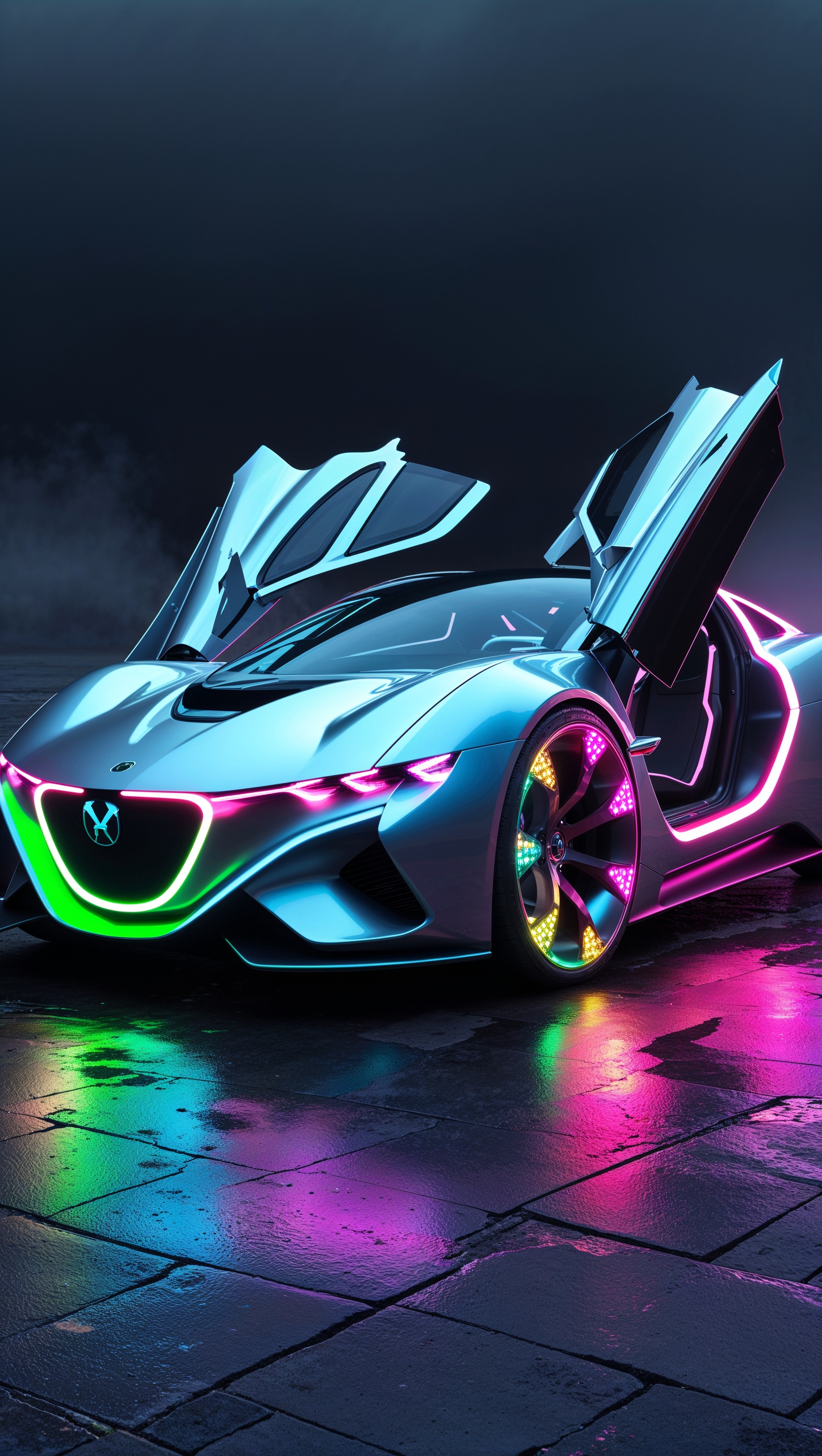 Concept car with futuristic design and colorful lighting